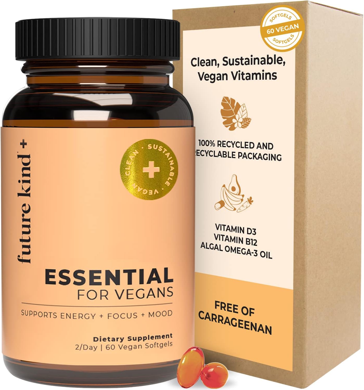 Future Kind 3 in 1 Daily Multivitamin - for Energy, Clarity, Active Wellness Support with B12, D3, and Algal Omega-3 - Essential Vegan Multivitamin for Women & Men - Tiny Citrus Softgels (60 Count)