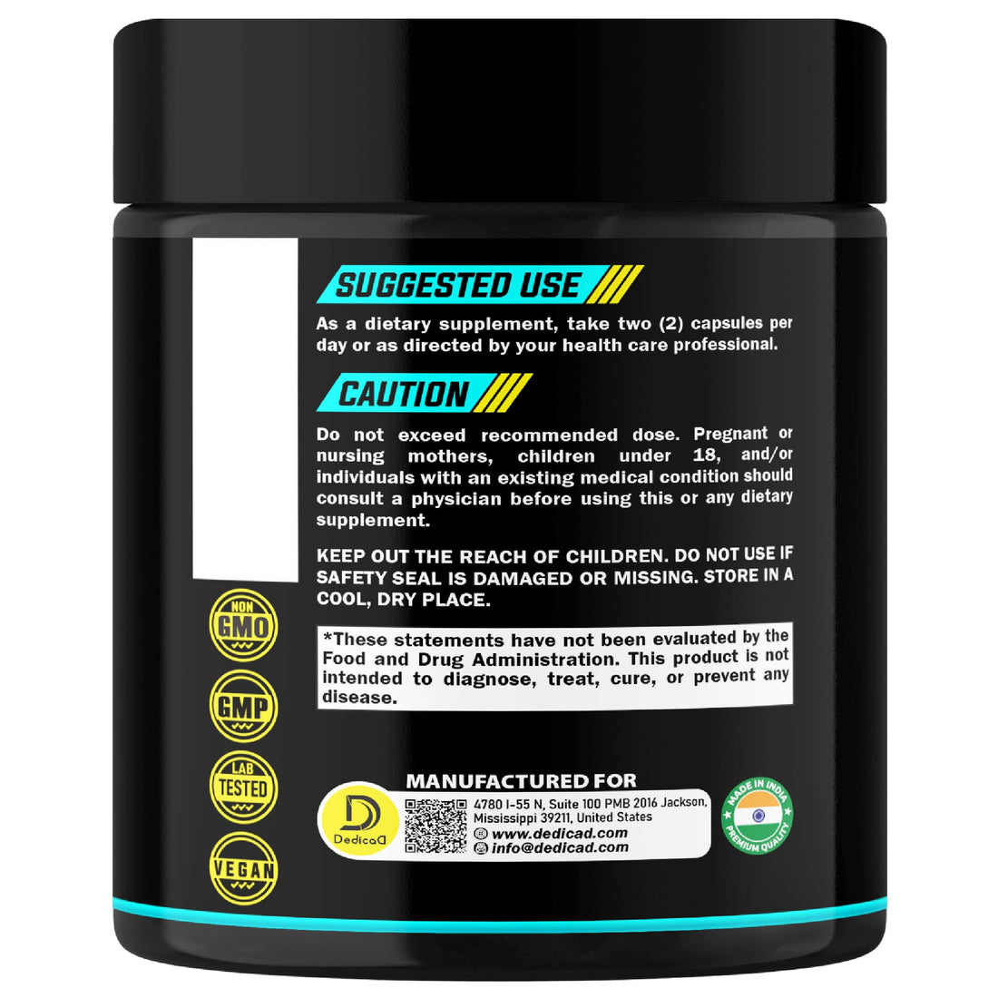 Black supplement container with 'Dedica' branding and 'Pao Pereira Graviola' text on a white background