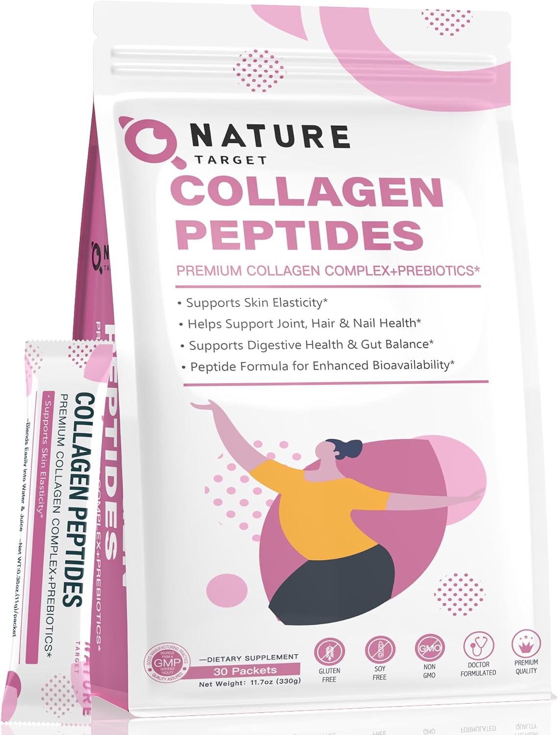 NATURE TARGET Multi Collagen Peptides Powder, 30 Stick Packs | Type I, II, III, V, X, Enhanced Absorption Hydrolyzed, With Prebiotics, Sugar-Free, Skin Hair Nail & Joint Support, Non-GMO