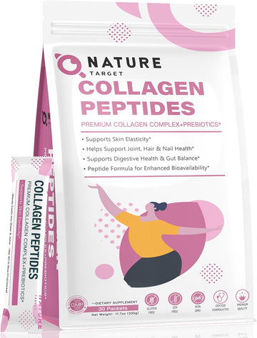 NATURE TARGET Multi Collagen Peptides Powder, 30 Stick Packs | Type I, II, III, V, X, Enhanced Absorption Hydrolyzed, With Prebiotics, Sugar-Free, Skin Hair Nail & Joint Support, Non-GMO