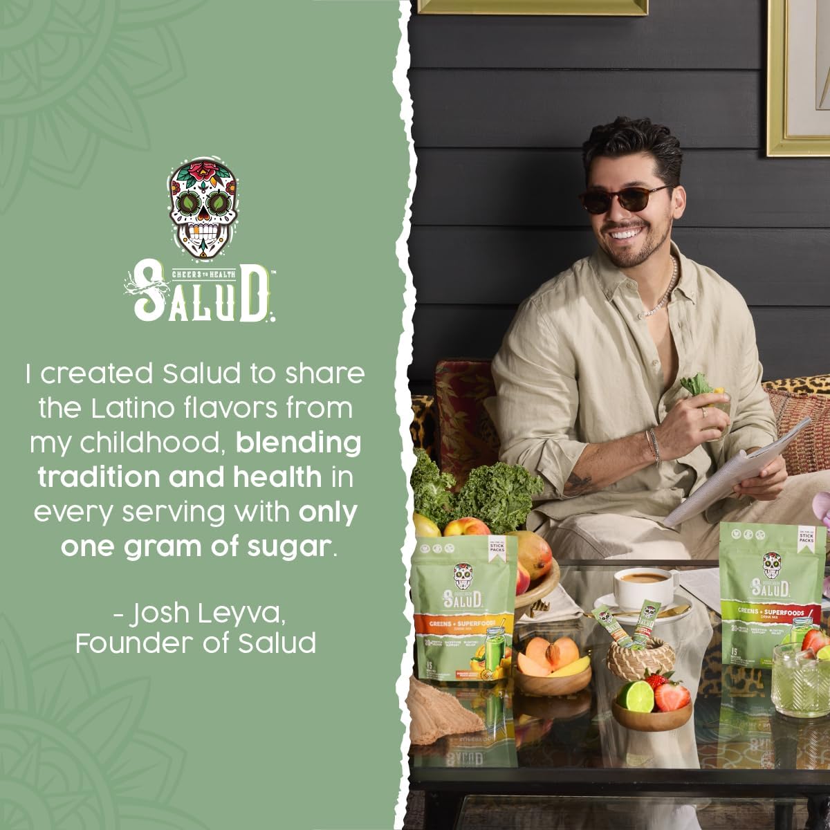 Salud 2-Pack | 2-in-1 Greens Powder + Superfood Drink Mix Packets, Green Apple & Peach Mango, 15 Servings Each, 20+ Fruits and Veggies, Supports Digestive Health, Bloating Relief
