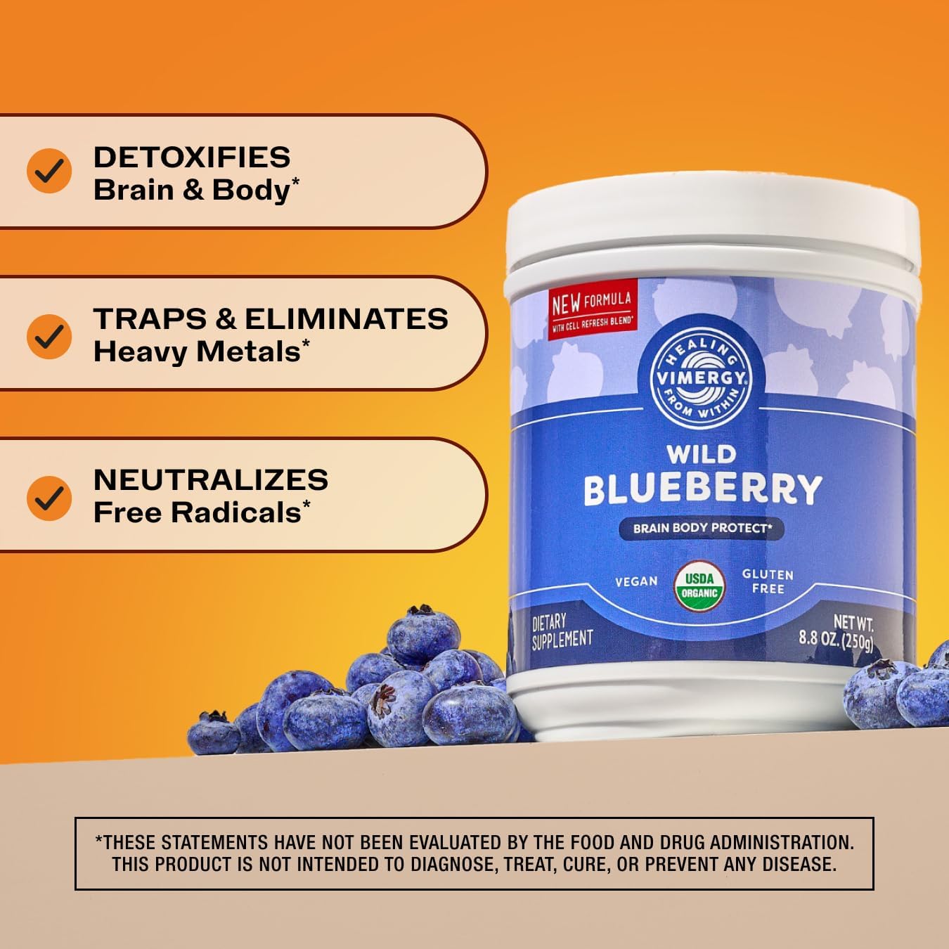 Vimergy Wild Blueberry Powder –Protects Brain Health* - Supports Cardiovascular Function* – USDA Organic, Vegan & Gluten-Free – 250g
