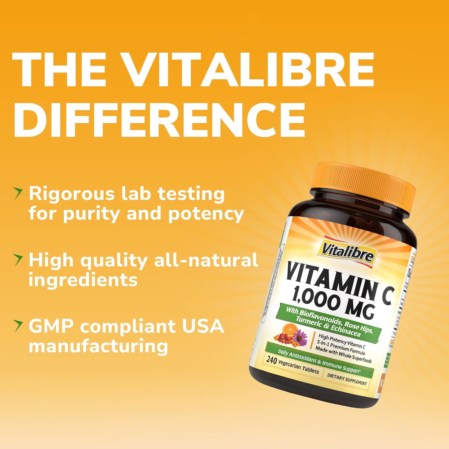 Vitalibre Vitamin C 1000mg, with Citrus Bioflavonoids, Rose Hips, Echinacea & Turmeric, Immune Support, Antioxidant Protection, Collagen Production, 240 Vegan Tabs