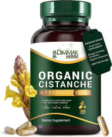 Organic Cistanche Deserticola Capsules- True Rou Cong Rong 5:1 Extract (Not Tubulosa)- High Potency Jing Tonic for Energy, Vitality, & Adrenal Support- Non-GMO, Vegan, 500mg