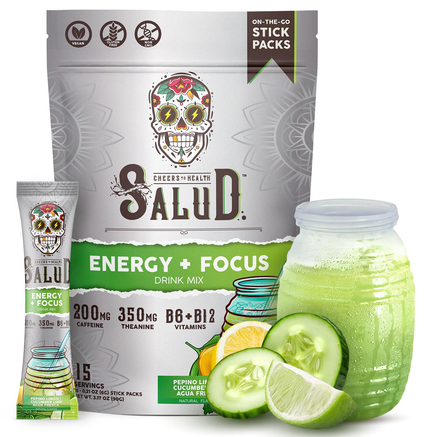 Salud 2-in-1 Energy + Focus Drink Mix, Hibiscus | Organic Caffeine, B6 + B12, Theanine, Clean Energy Packets, Agua Fresca Mix, Non-GMO, Gluten Free, 1g of Sugar (15 Servings)