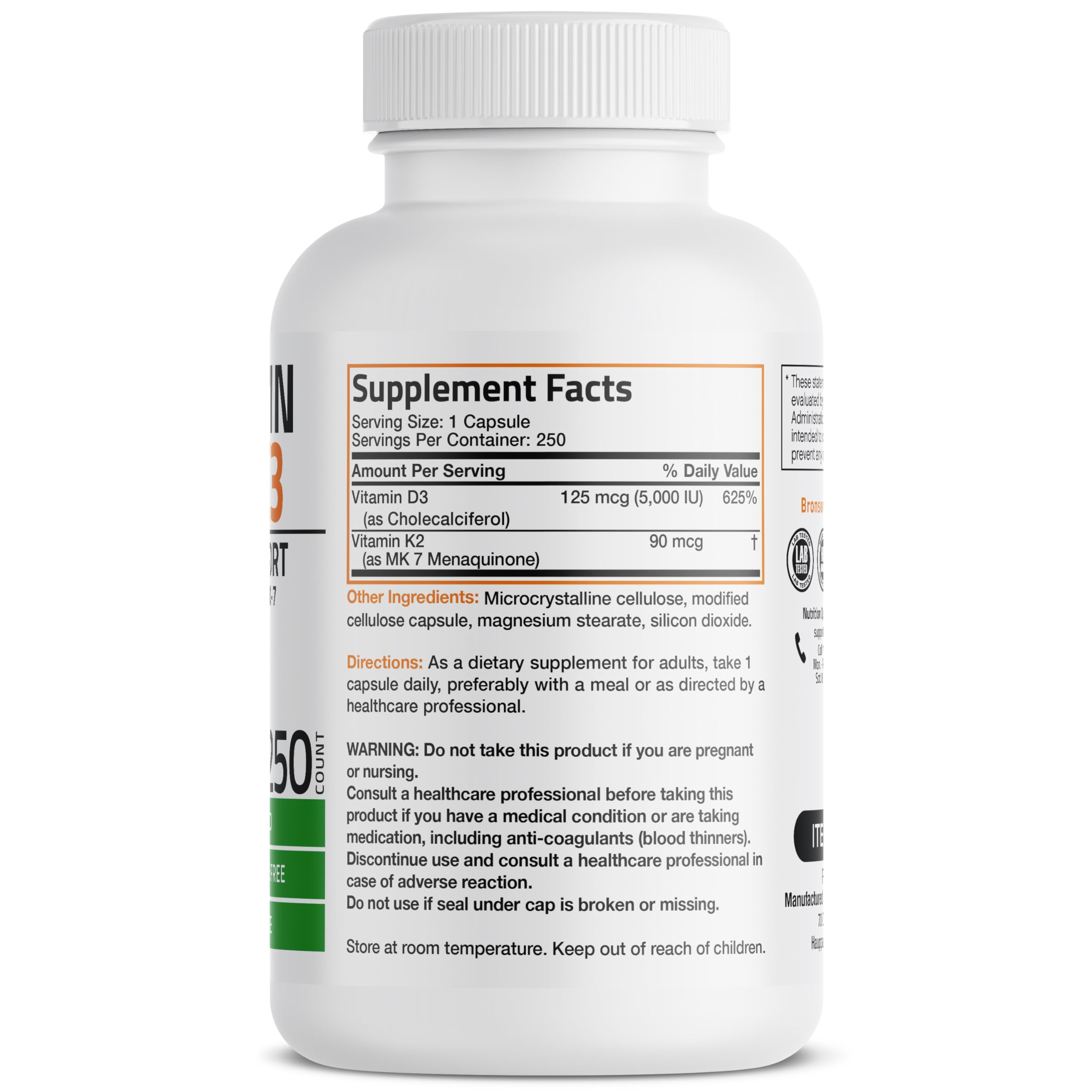 Bronson Vitamin K2 D3 (MK7) Supplement 2-in1 D3 & K2 Complex, 60 Capsules | Bone, Immune & Heart Health Support, Gluten Free, Soy Free, Non-GMO, Vitamin D3 5000IU (125 mcg) & 90 mcg K2 MK-7