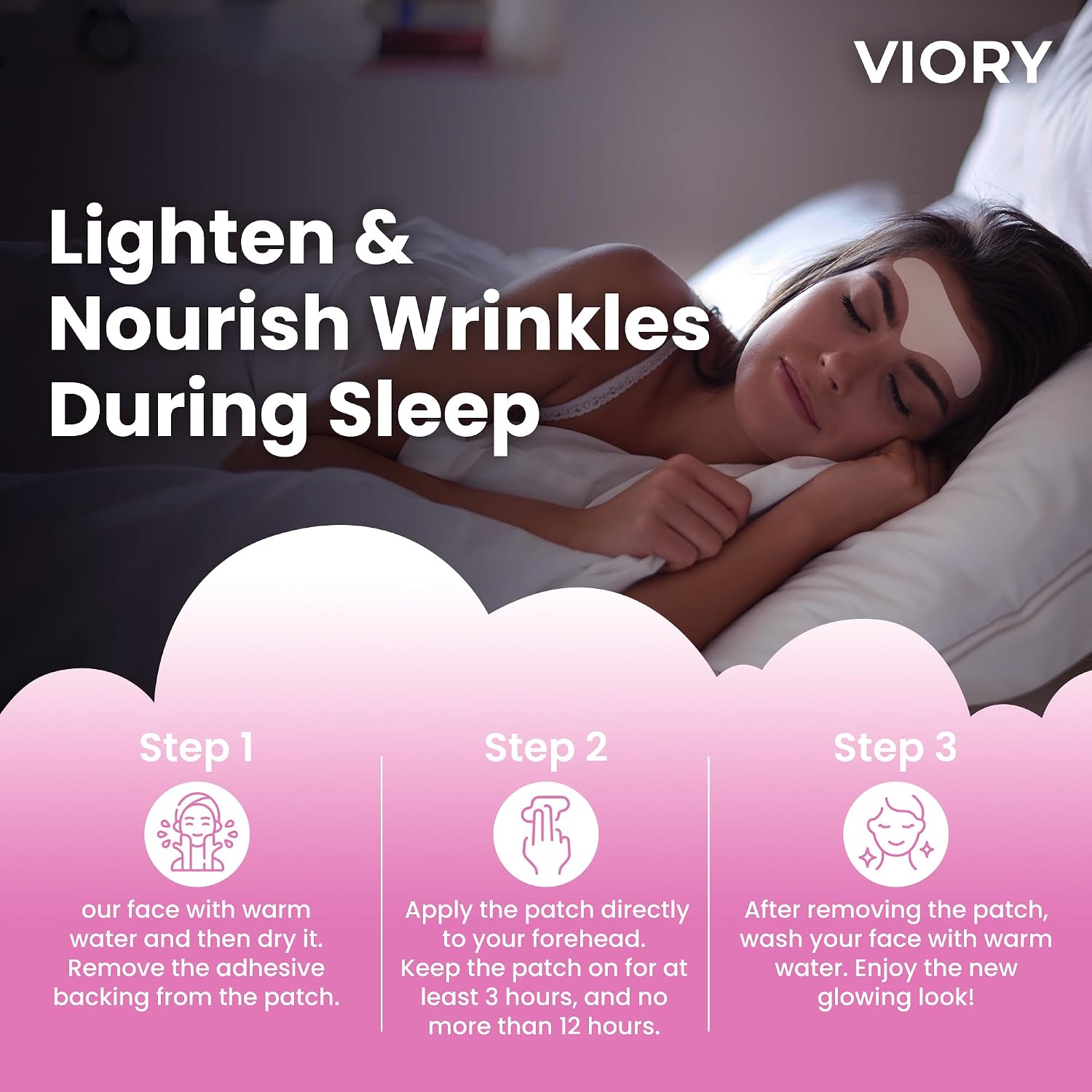 VIORY Forehead Wrinkle Patches Smoothing Overnight - Anti Wrinkle Patches | For Face And Forehead Fine Lines & Frown Lines, With Aloe, Collagen, Vitamin E, Hyaluronic Acid, 12 Pcs