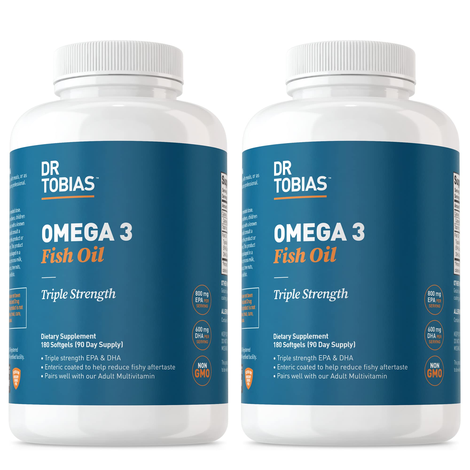 Dr. Tobias Omega 3 Fish Oil 2000mg Triple Strength | 180 Softgels | Heart, Brain & Joint Support | 2,000 mg Fish Oil | 800 mg EPA + 600 mg DHA | Delayed Release Omega 3 Supplement | 90 Servings