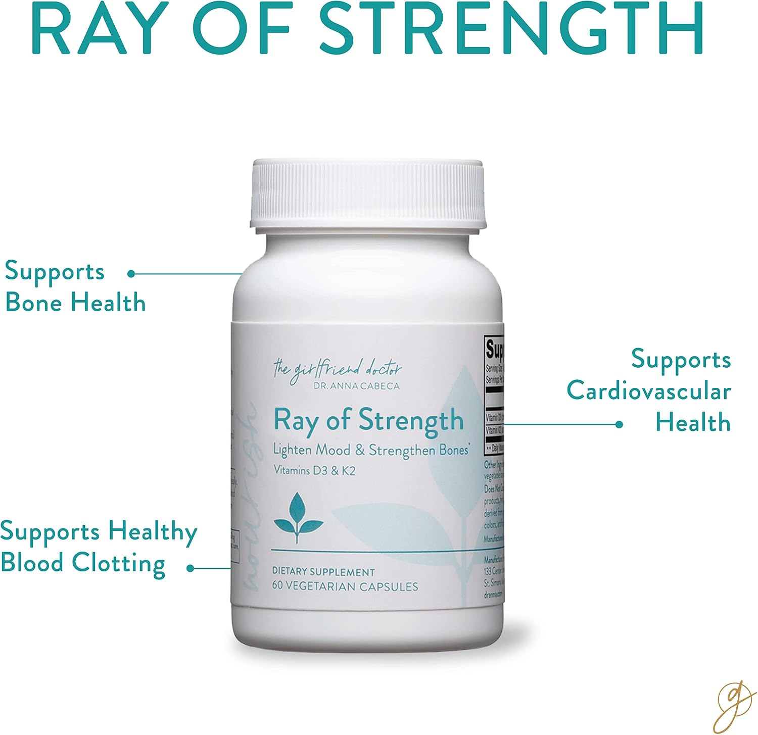 VIDAPURA Ray of Strength D3K2 by Dr. Anna Cabeca, Bone, 60 Softgels | High-Potency Vitamin D3 5000 IU & K2 (MK-7) Supplement – Bone, Immune & Heart Support