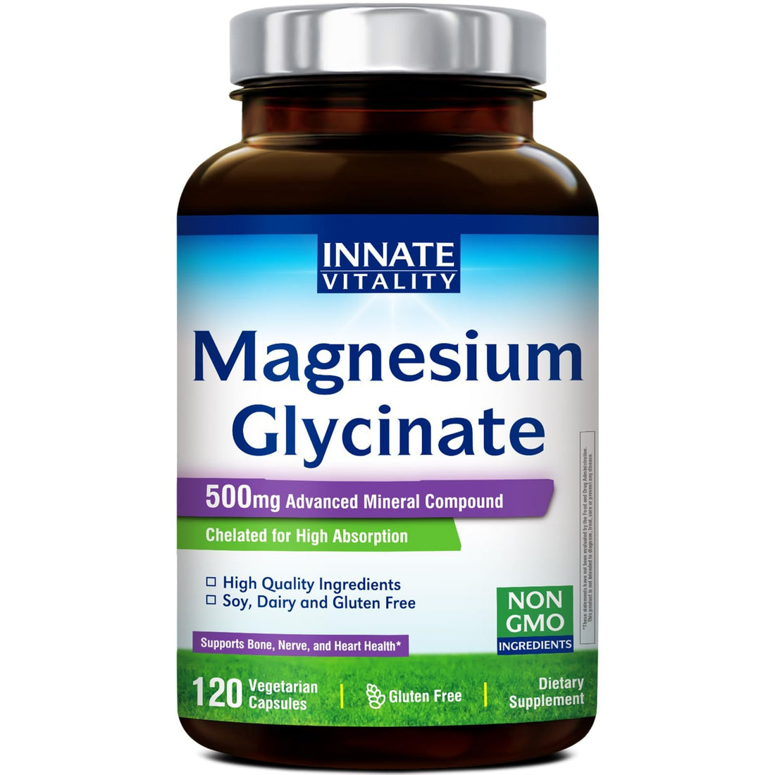 Innate Vitality Magnesium Glycinate 500mg | 70mg Elemental Magnesium Supplement - High Absorption, Non Buffered, Non-GMO & No Gluten - Vegan - Nerve Health - 120 Capsules (Pack of 1) Innate VitalityBuy Supplements Australia