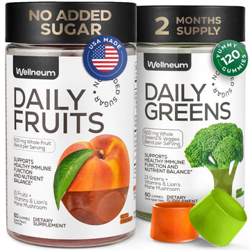 Super Greens + Super Fruits Gummies (Fruits/Greens Powder in Gummies Form) - 600mg Greens Blend + 600mg Fruits Blend for Immune Support, Sugar Free, Vegetarian, Non-GMO, 2-Pack (120 Gummies) WellneumBuy Supplements Australia