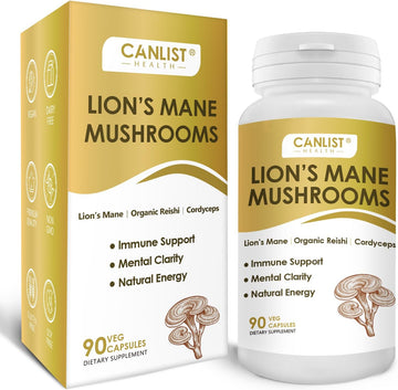 CANLIST Organic Mushroom Complex Capsules with Lion's Mane, Cordyceps, Reishi, Help for Cognitive Focus, Immune Support & Brain Health, Vegan, Non-GMO, 90 Capsules