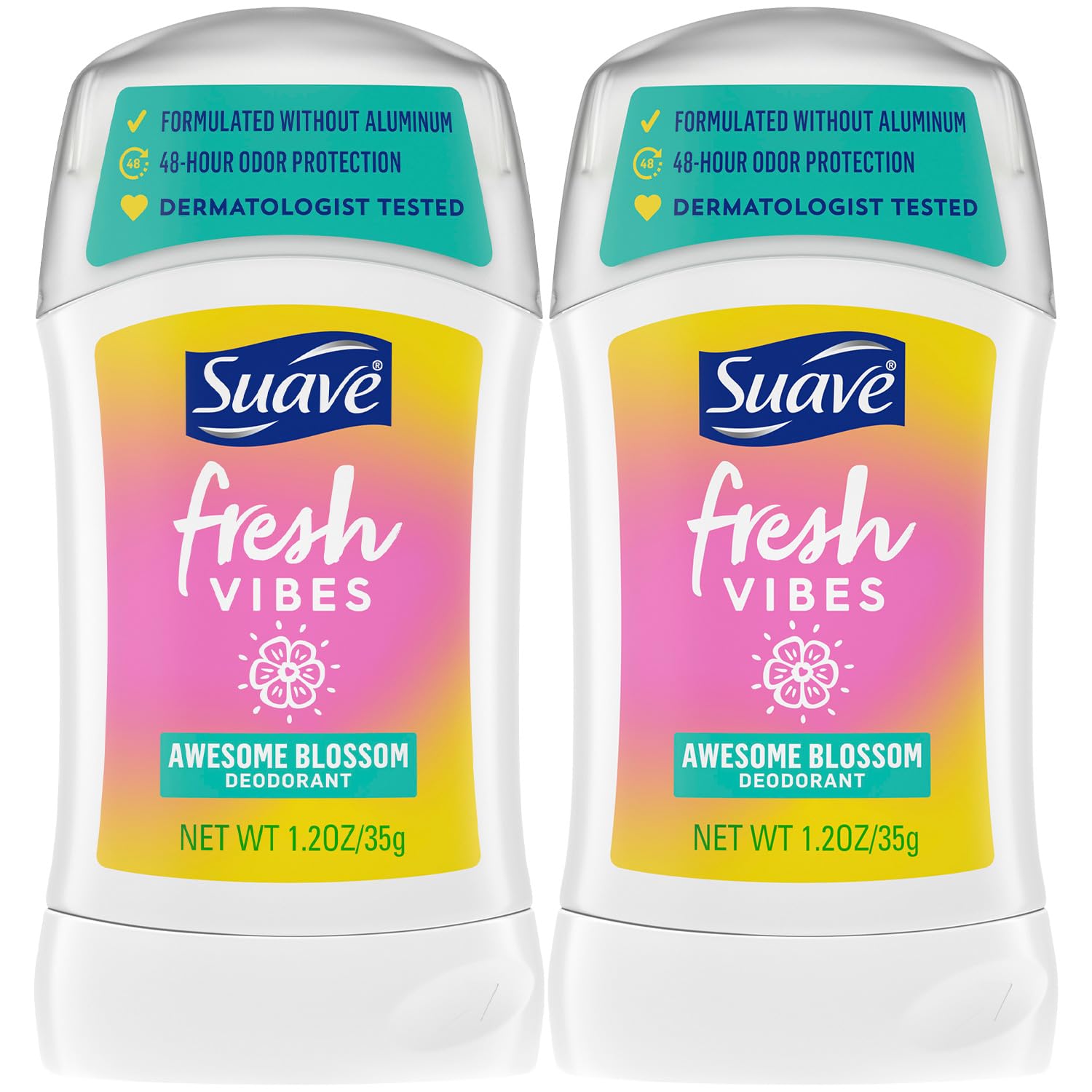 Suave Aluminum-Free Deodorant for Kids, Teen Girls & Boys, Fresh Vibes 2-Pack, 48H Protection, 1.2 Oz Ea