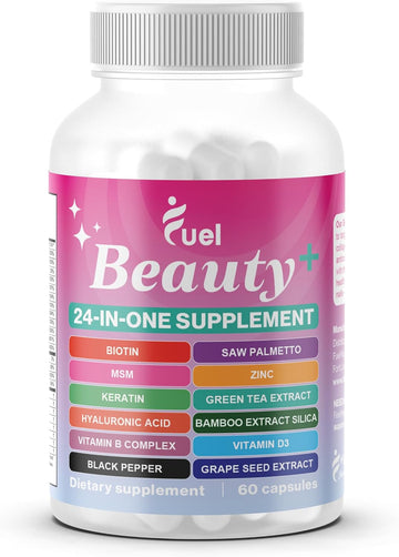 Fuel Beauty+ 24-in-1 Hair, Skin & Nails Vitamins for Women – 5000mcg Biotin, Hyaluronic Acid & Saw Palmetto – Daily Multivitamin for Hair Growth, Nail Strength & Skin Glow – 60 Capsules