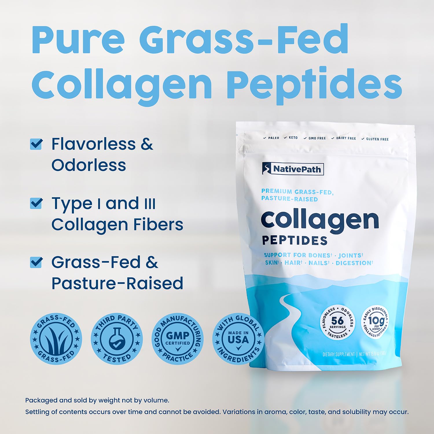 NativePath Collagen Peptides, Grass-Fed Type 1 & 3, 45 Servings | 10g Hydrolyzed Per Scoop, Supports Hair, Skin, Nails & Joints, Unflavored, Women & Men, Keto & Paleo