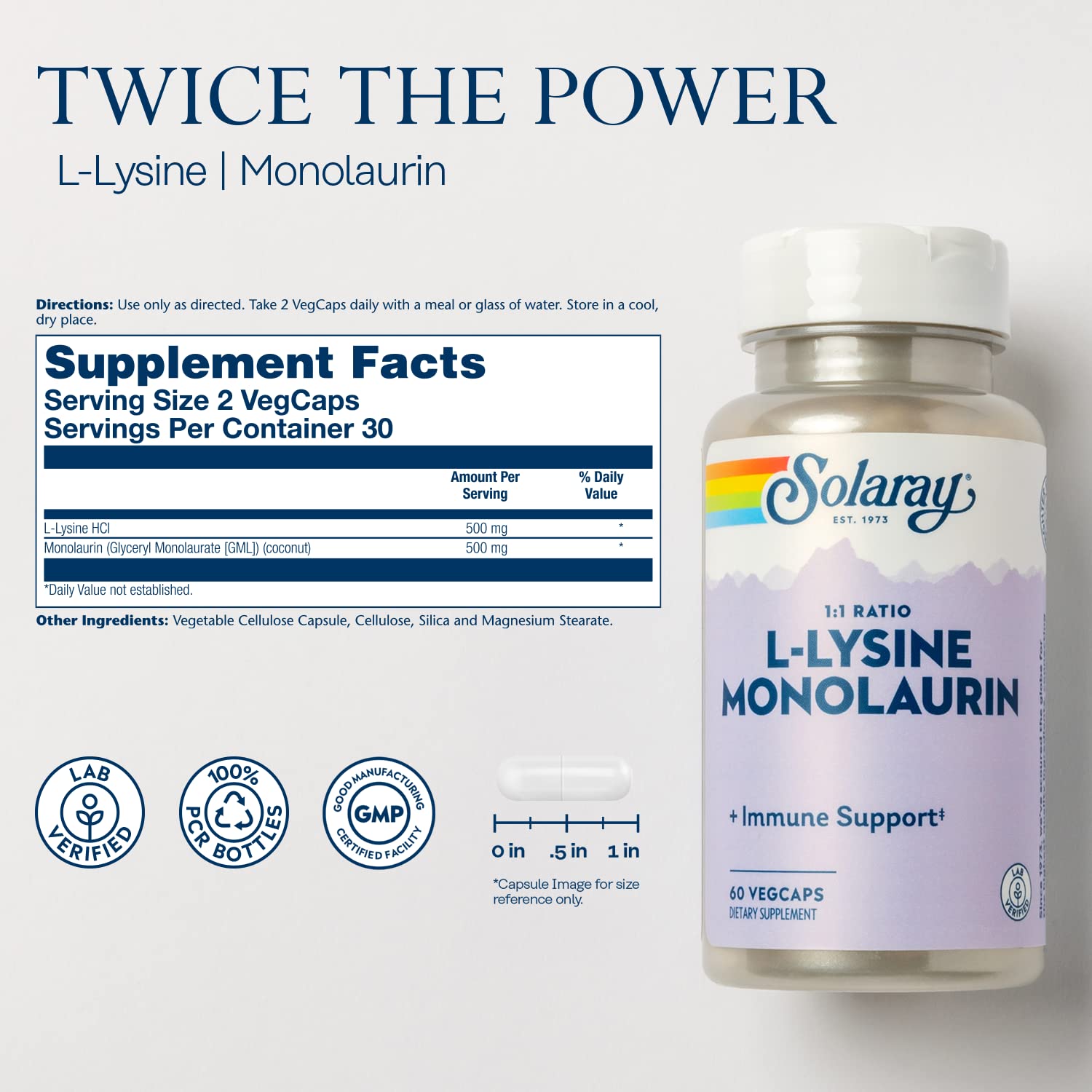 SOLARAY L-Lysine Monolaurin Immune Support Supplement, 1:1 Ratio for Immune System Function, 500 mg Each, 30 Servings, 60 VegCaps