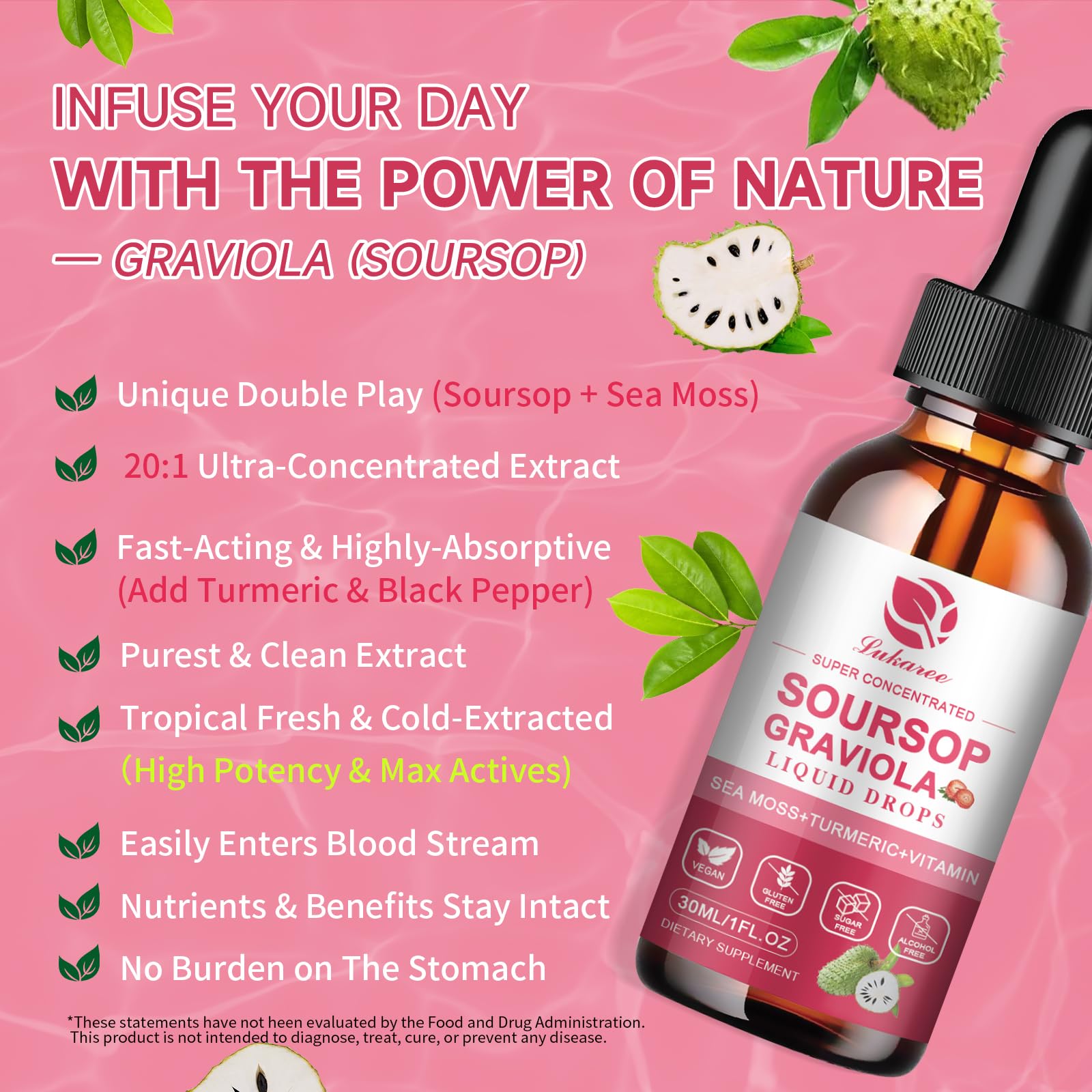 (2 Pack)Whole Soursop Graviola Leaf Extract Liquid Drop with Irish Sea Moss | Herbal Soursop Bitters Liquid for Cell Support & Regeneration, Immunity and Gut Health丨Vegan, Non-GMO, Natural Flavor,1 Fl Oz