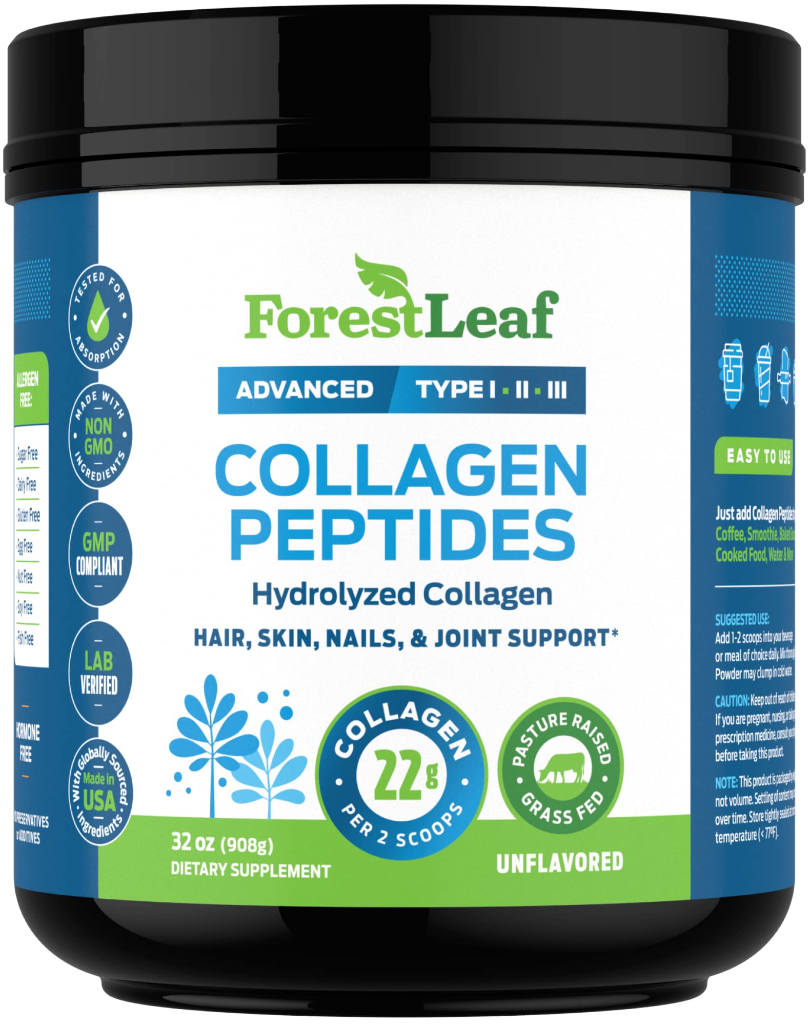 ForestLeaf Collagen Peptides Powder Unflavored - Hydrolyzed Grass Fed Keto Collagen Protein Powder Type 1, 2 & 3 - Vital Hair, Skin, Nails, Joints, Recovery, 11g Per Serving