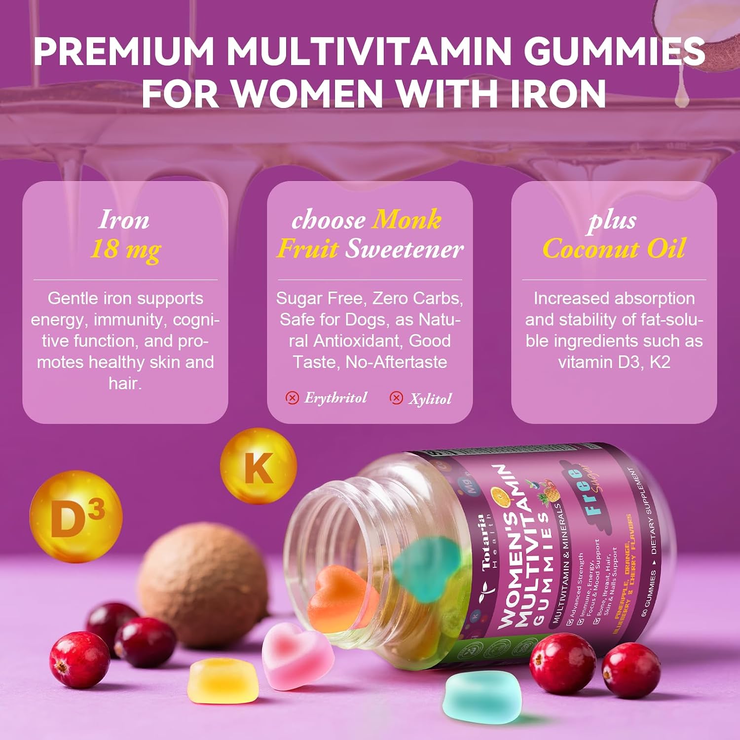 Totaria Sugar Free Womens Multivitamin Gummies with Iron, Women's Multivitamin w/Vitamins C, D3 K2, B12, B6, Filled Gummies for Daily Nutritional Support| Immune Support| Skin Health, Mixed Flavors