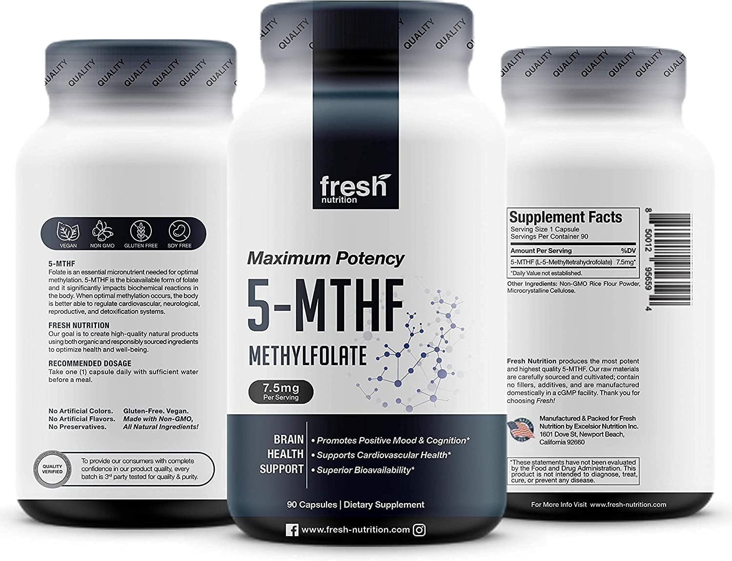 Fresh Nutrition L Methylfolate 7.5mg – DNA Verified for Maximum Potency – Superior Bioavailability – 5-MTHF Methyl Folate - 90 Capsules