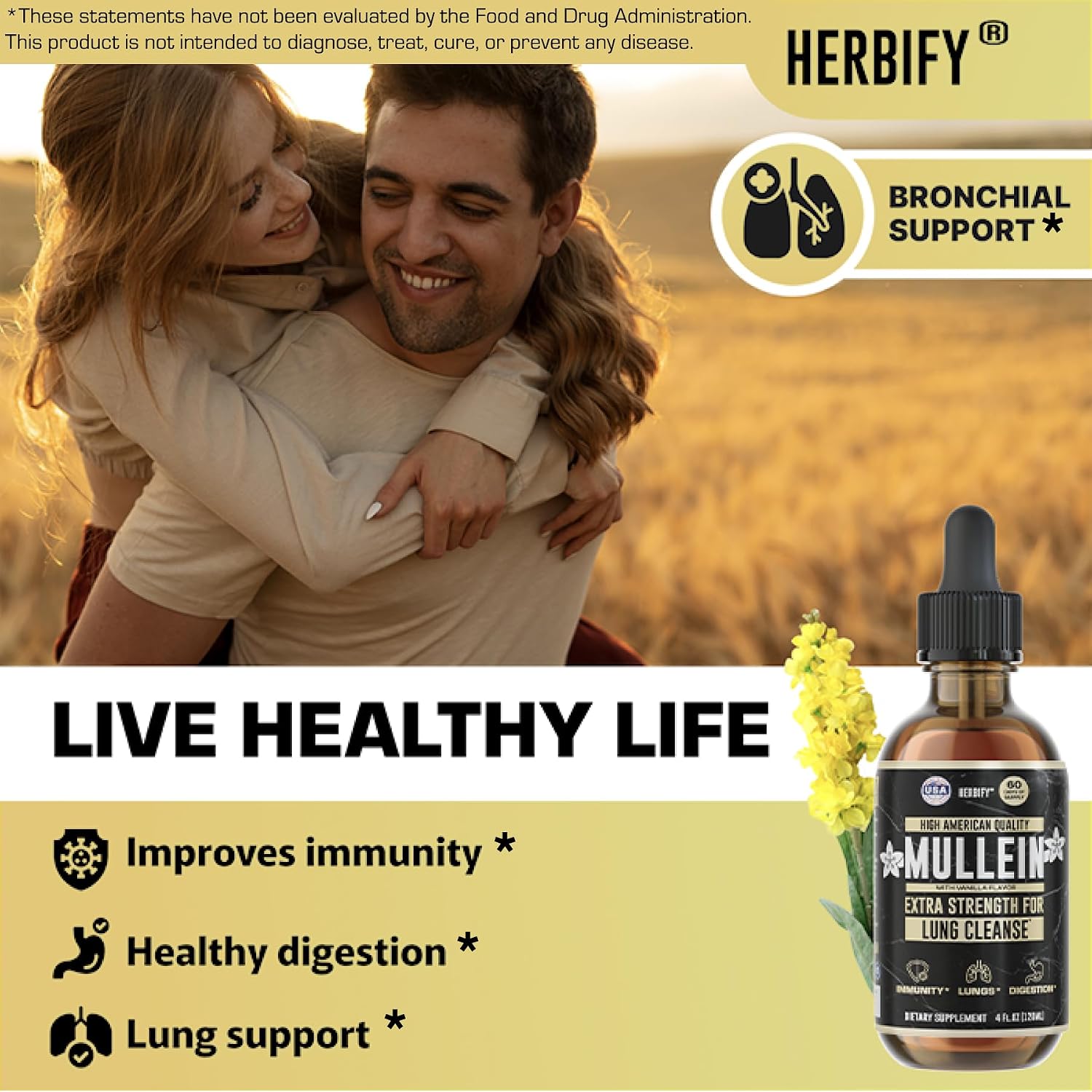 HERBIFY Bundle - Lions Mane & Mullein Vanilla 4 Fl Oz Drops - Supplement for Memory, Focus & Clarity & Immune Support, Lung Cleanse and Bronchial Support