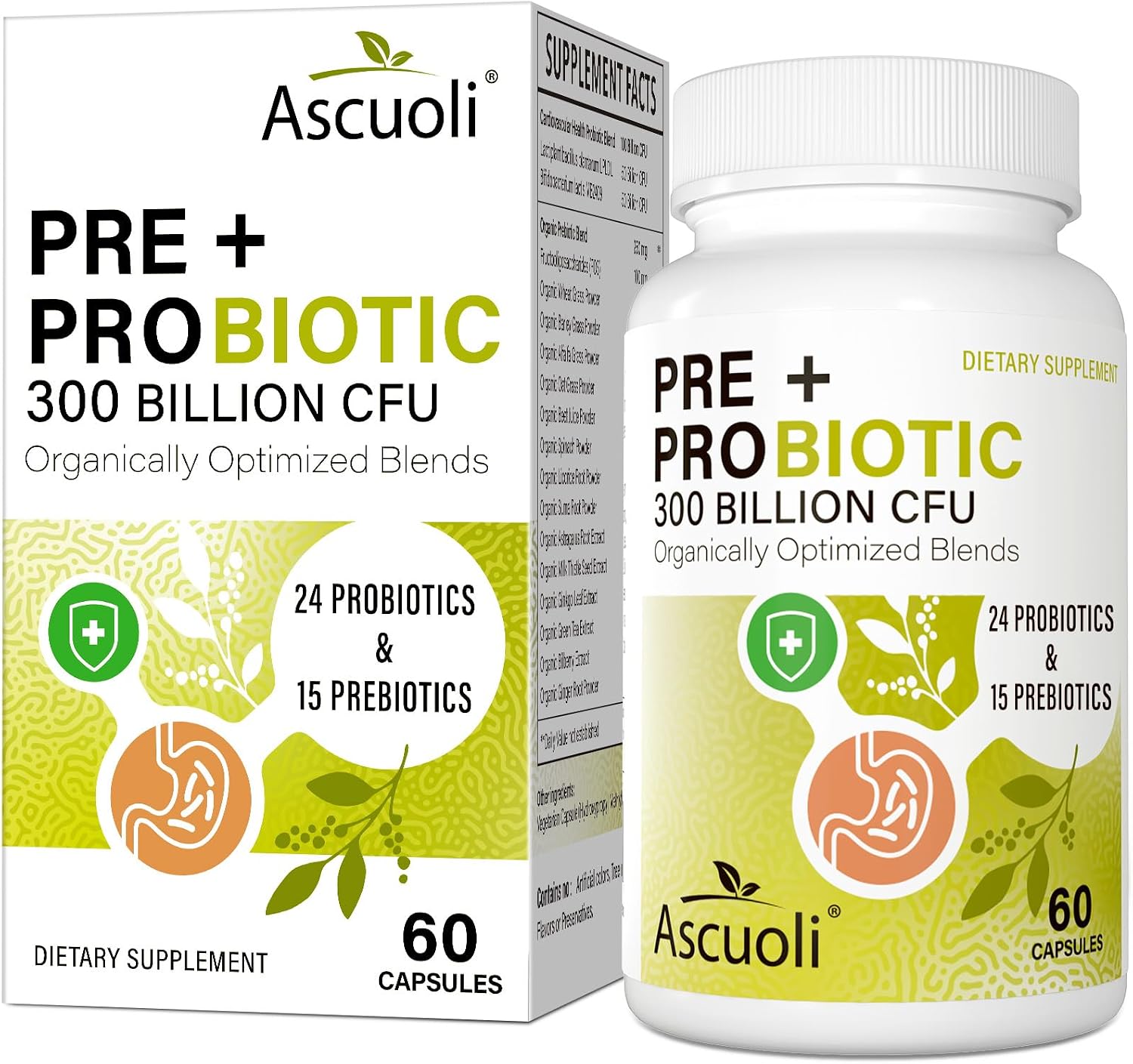 Prebiotics and Probiotics - 300 Billion CFU, 24 Probiotic+15 Herbs, 60 Caps | Probiotics for gut health, Immune & Digestive, Bloating - Probiotics for Women & Men