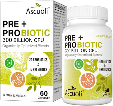 Prebiotics and Probiotics - 300 Billion CFU, 24 Probiotic+15 Herbs, 60 Caps | Probiotics for gut health, Immune & Digestive, Bloating - Probiotics for Women & Men
