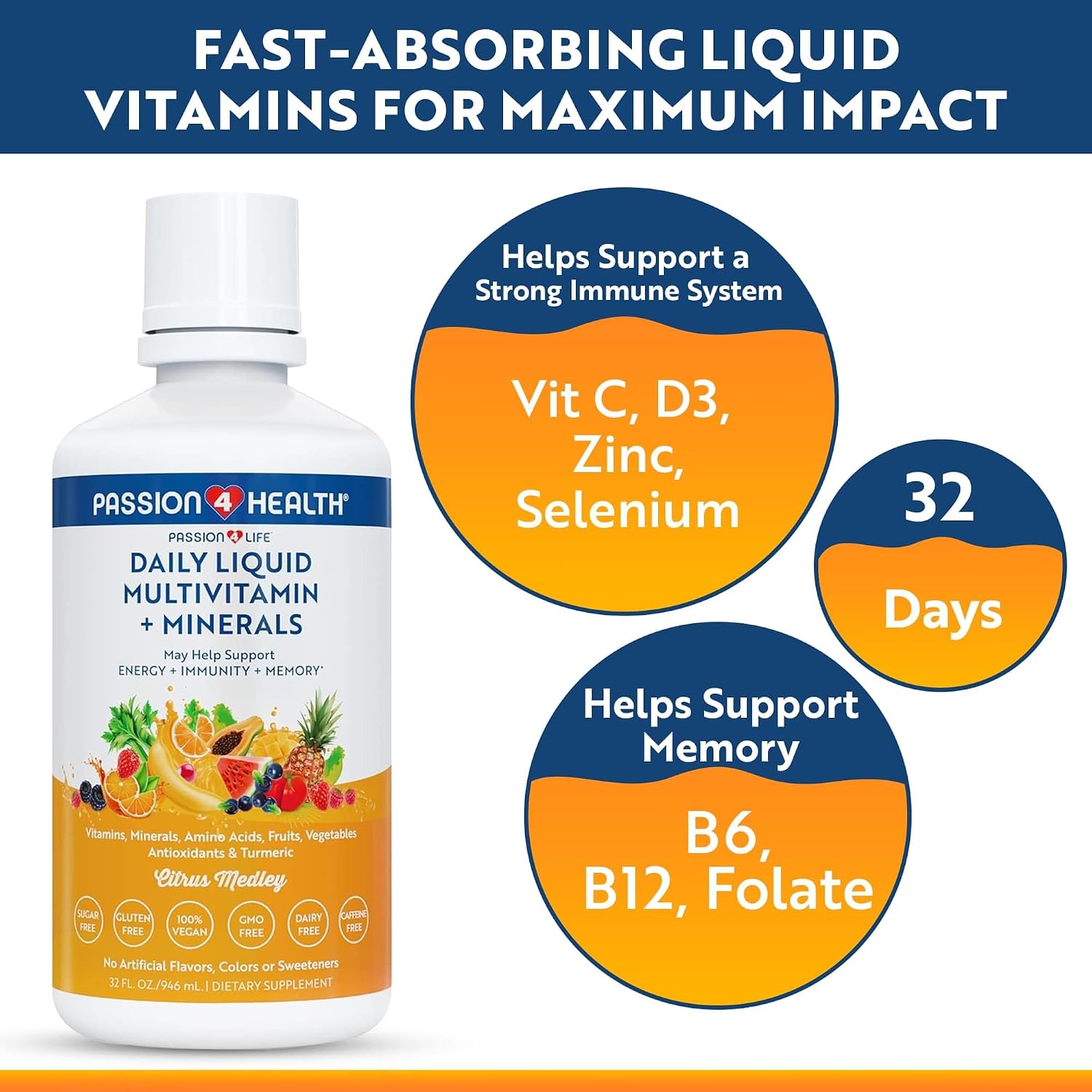 Passion 4 Life Daily Liquid Multivitamin + Minerals - Over 100 Premium Ingredients for the Whole Family - Trace Minerals and Amino Acids for All Ages