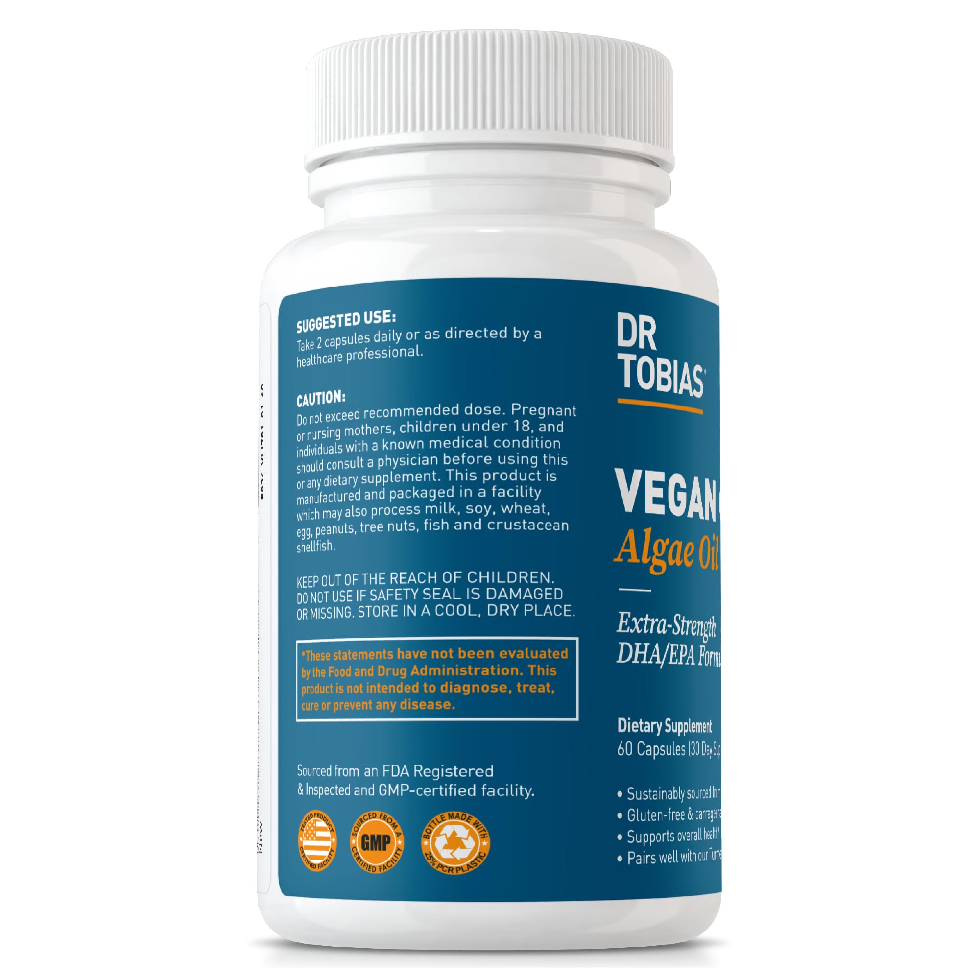 Dr. Tobias Vegan Omega 3 Algae Oil 60 Capsules | Extra-Strength DHA EPA | Plant-Based Omega 3 Supplement | Heart & Brain Support | 420 mg DHA + 210 mg EPA | Lemon Flavor | 30 Servings
