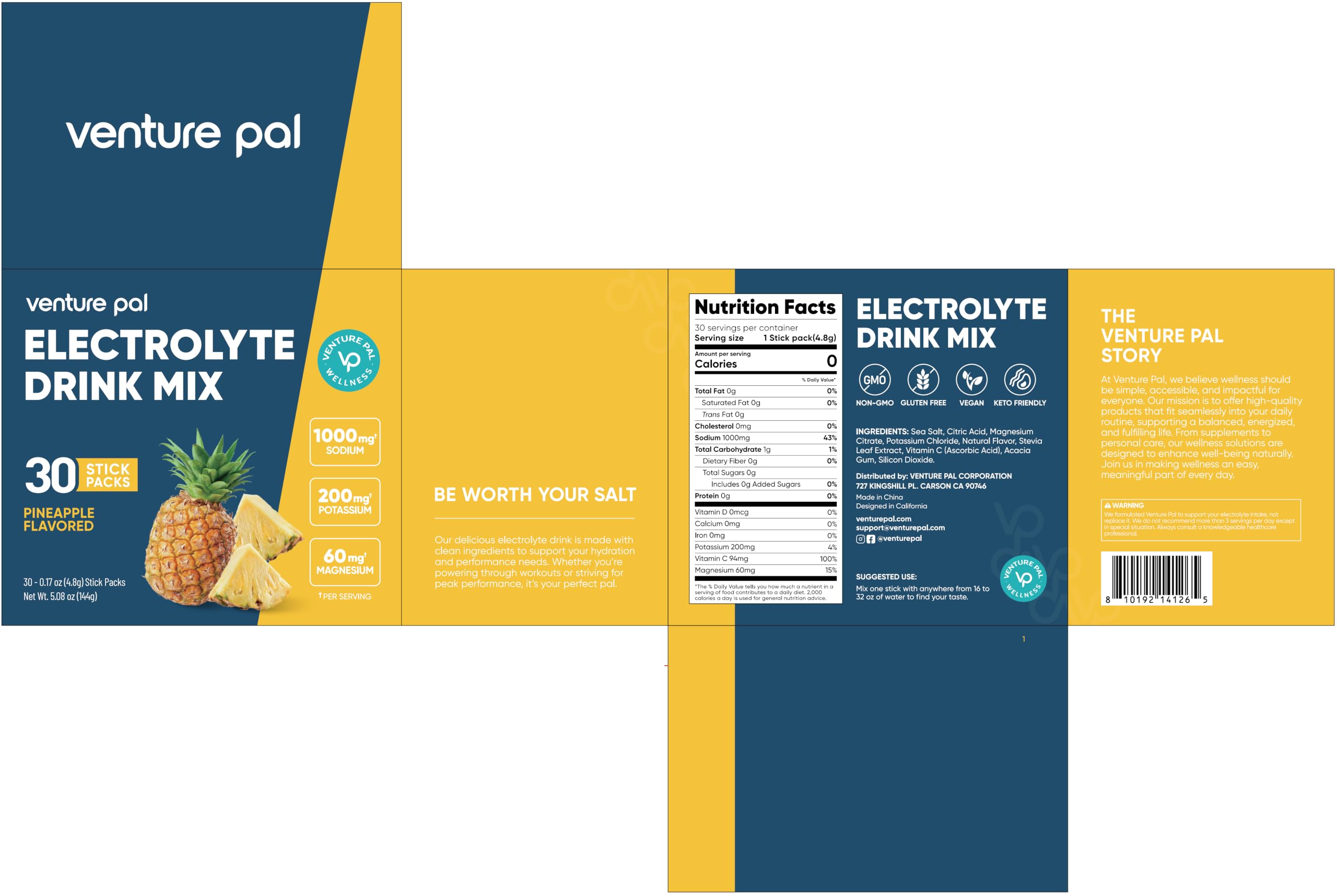 Venture Pal High Sodium Sugar Free Electrolytes Powder Packets, 16 Count | Hydration Packets with Sodium, Magnesium & Potassium, Vitamins, Zero Calories, Vegan, Keto & Paleo Friendly