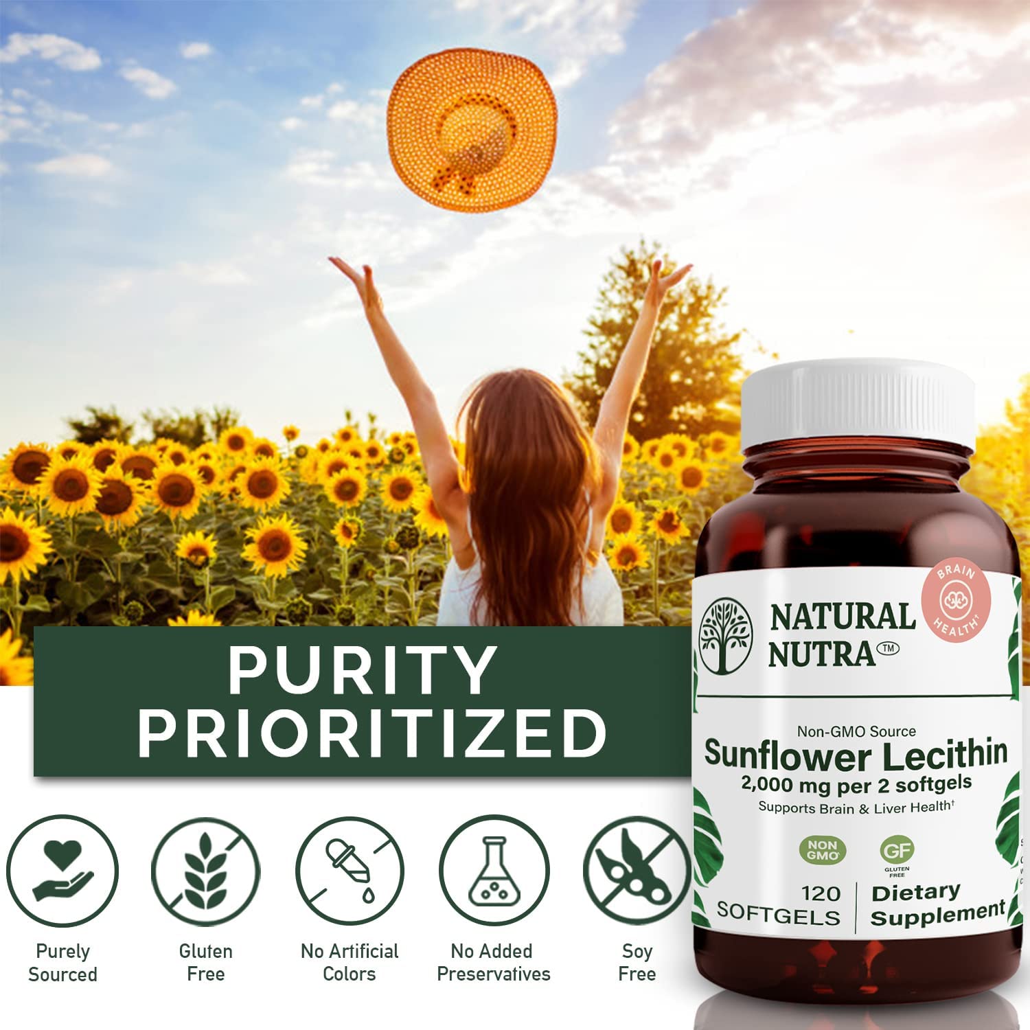Natural Nutra Sunflower Lecithin Supplement 2000mg, Gluten-Free 120 Softgel | Supports Sunflower Lecithin Breastfeeding, Liver & Brain Health