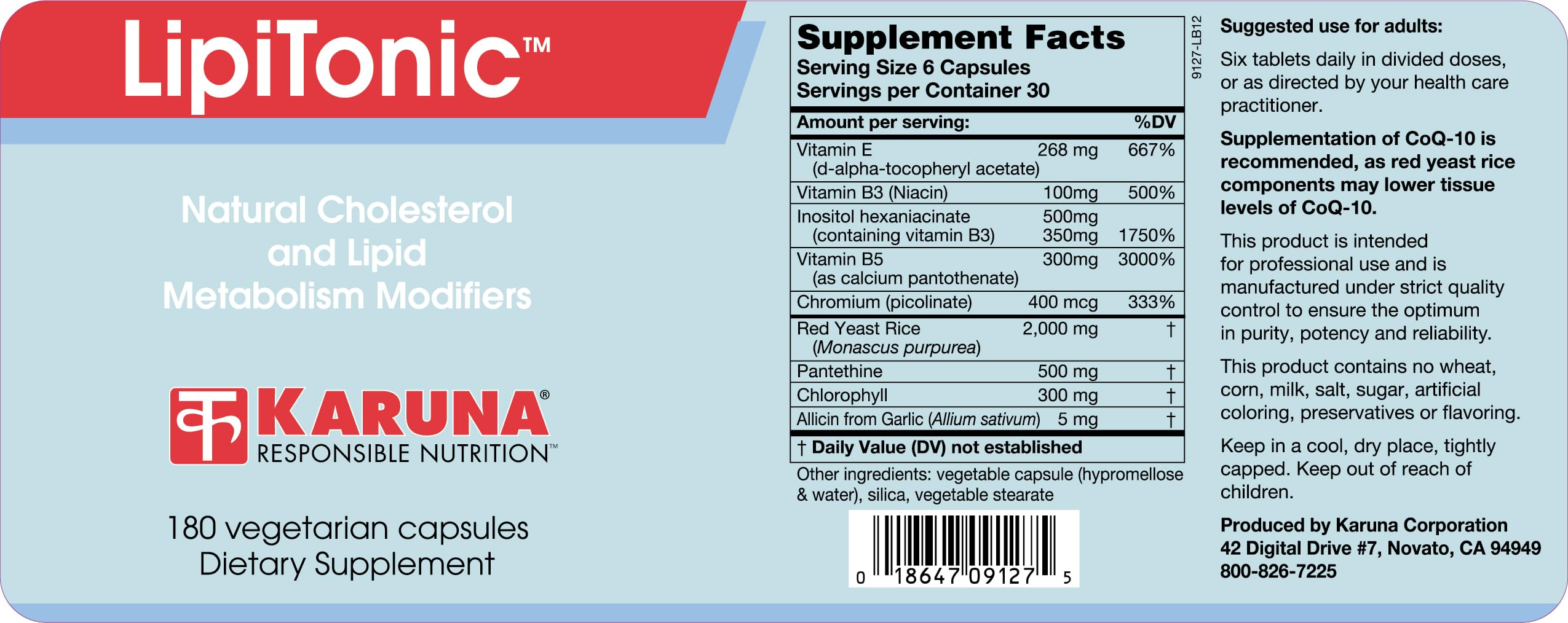 Karuna Lipitonic - 180 Vegetarian Capsules - Blend of Vitamins, Minerals, and botanicals Supporting Healthy Cholesterol Levels Already in the Normal Range and Promote Healthy lipid Metabolism KarunaBuy Supplements Australia