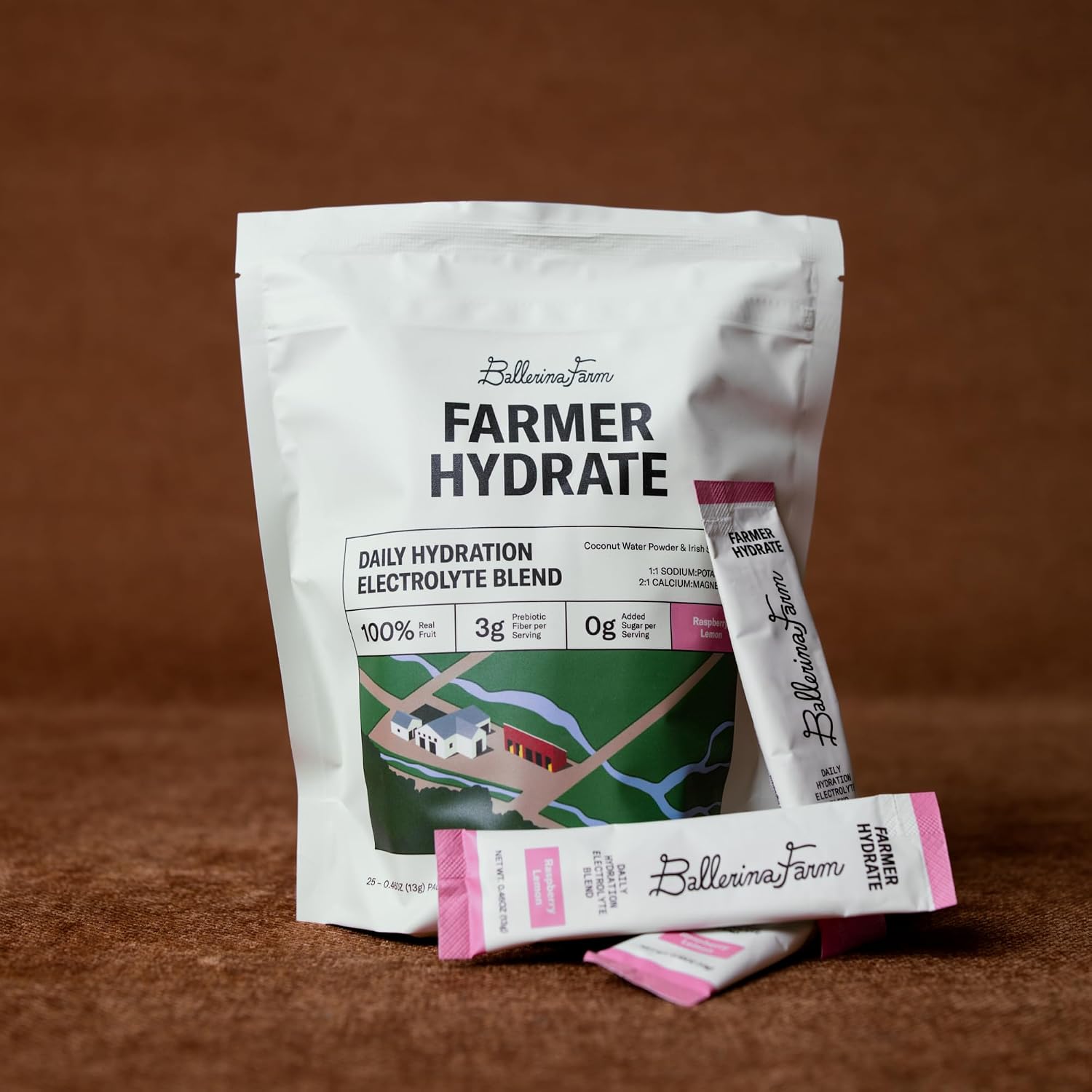 Ballerina Farm Farmer Hydrate Raspberry Lemonade Electrolyte Powder Packets | Travel Ready, Organic Coconut Water, Irish Sea Moss, French Sea Salt, 210mg Sodium, 25 Count