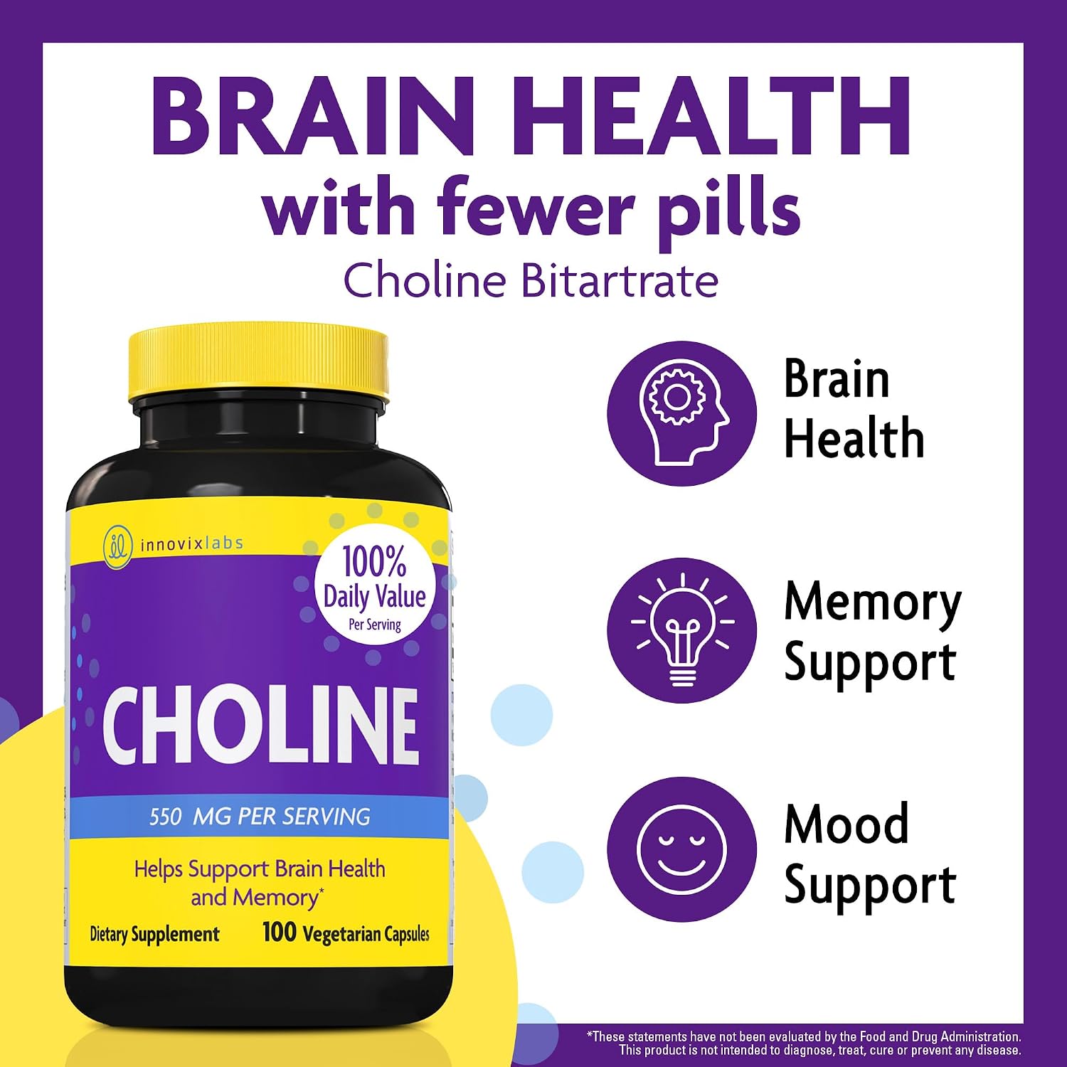 InnovixLabs Choline & Mood Probiotic Bundle Choline Bitartrate 550mg (100 Capsules) Mood Probiotic (60 Capsules). Supports Memory, Mood, Brain Health & Boost Cognitive.*