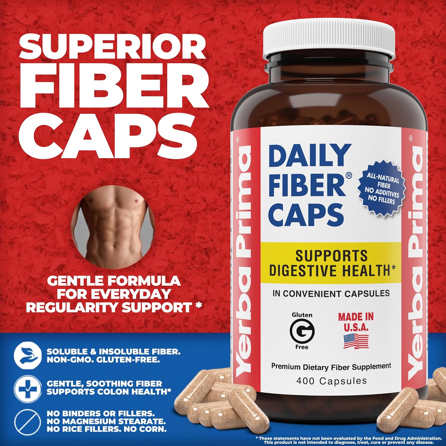 Yerba Prima Daily Fiber Caps Formula, 400 Capsules - Both Soluble and Insoluble - with Psyllium Seed Husks, Acacia Gum, Apple Fiber and More - Dietary Supplement