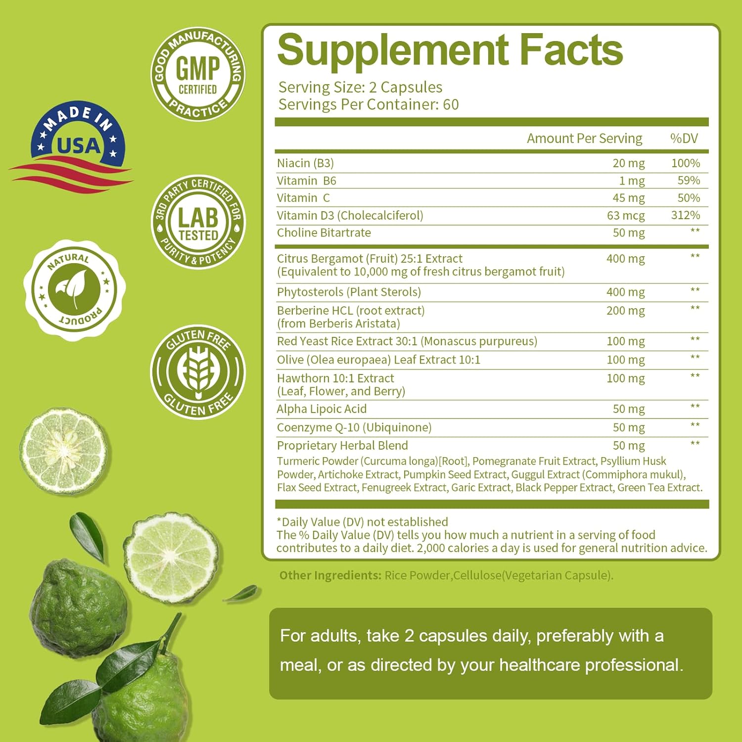 Citrus Bergamot Supplement for High Cholesterol - Italian Citrus Bergamot & Plant Sterols Stanols Natural Way to Balance Cholesterol Level, Vegan, Non-GMO, 120 Counts