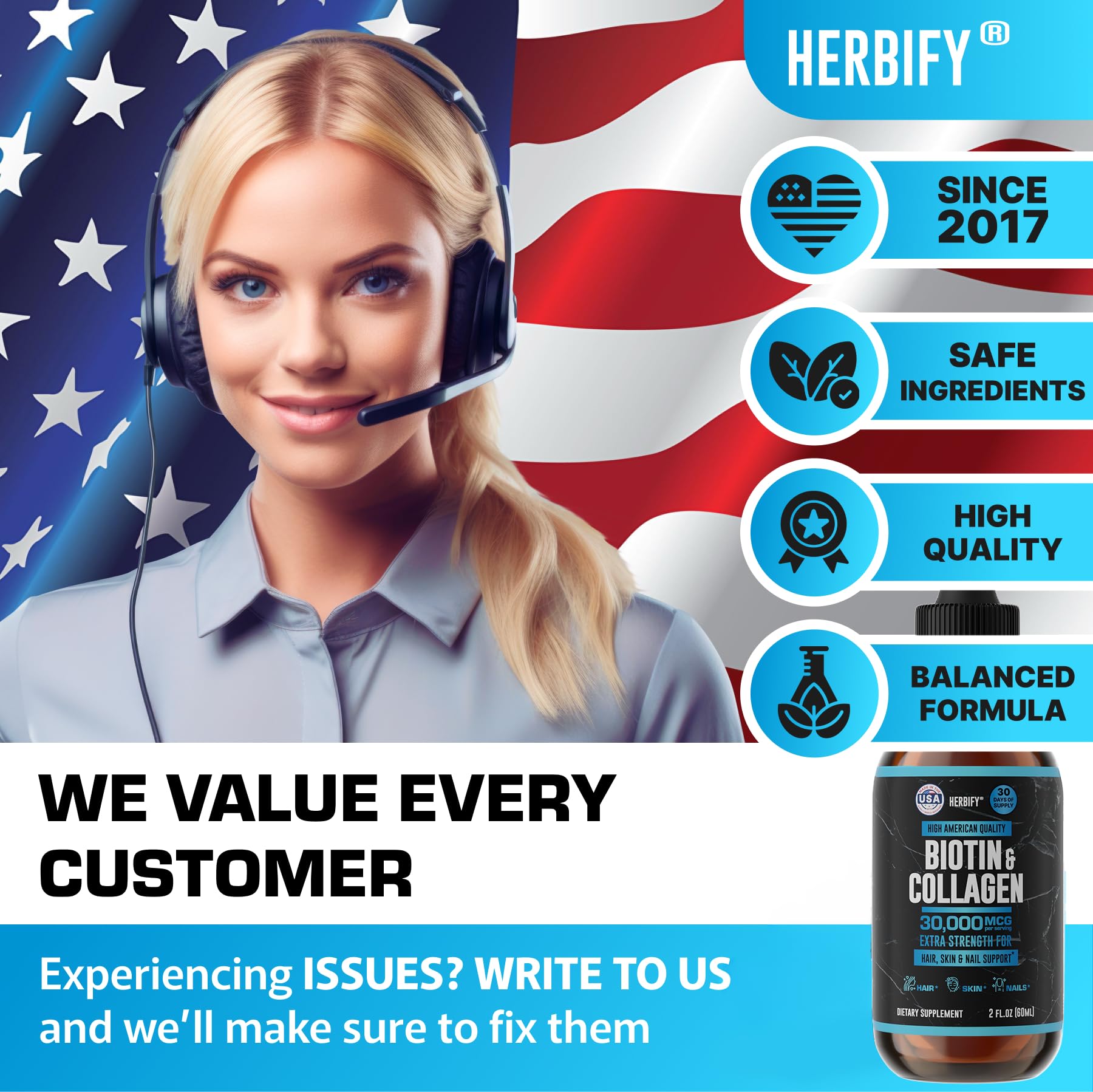 HERBIFY Liquid Biotin and Collagen Drops for Women & Men, 30 Days of Supply - Support Hair, Skin & Nails - Liquid Collagen for Women - 2 FL Oz Made in USA