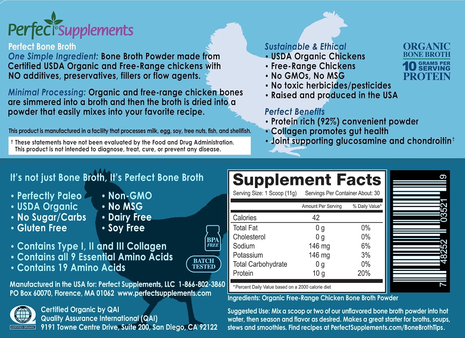 Perfect Organic Chicken Bone Broth Powder | Free Range Low Sodium Chicken Broth | Paleo & Keto Bone Broth Powder (330g) 30 Servings