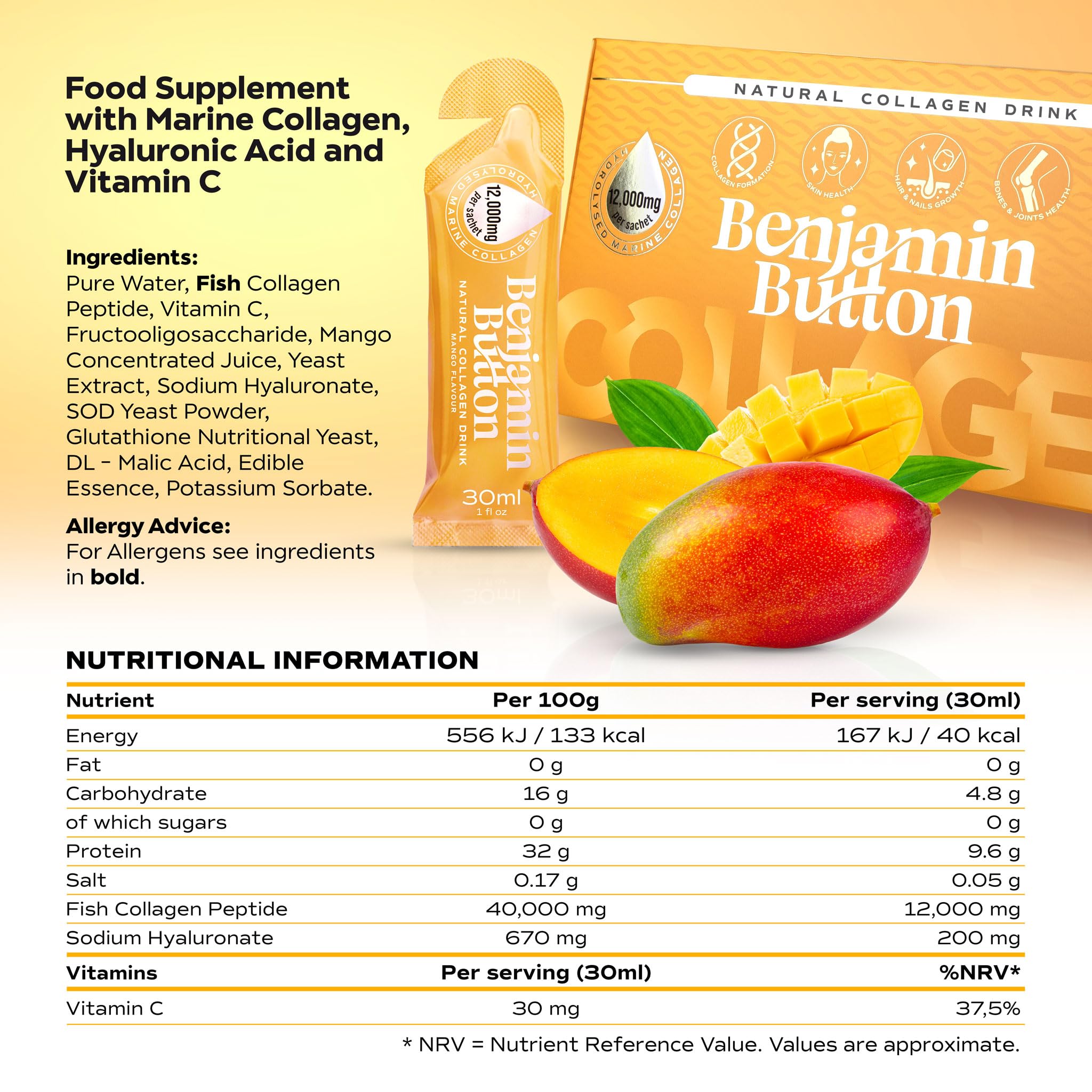 Benjamin Button 12,000mg Marine Collagen Liquid Shots| High Strength Hydrolyzed Marine Collagen Peptides w/Hyaluronic Acid & Vitamin C for Skin, Hair & Joints | Mango, 14 Daily Servings 30ml Benjamin Button buy supplements Au