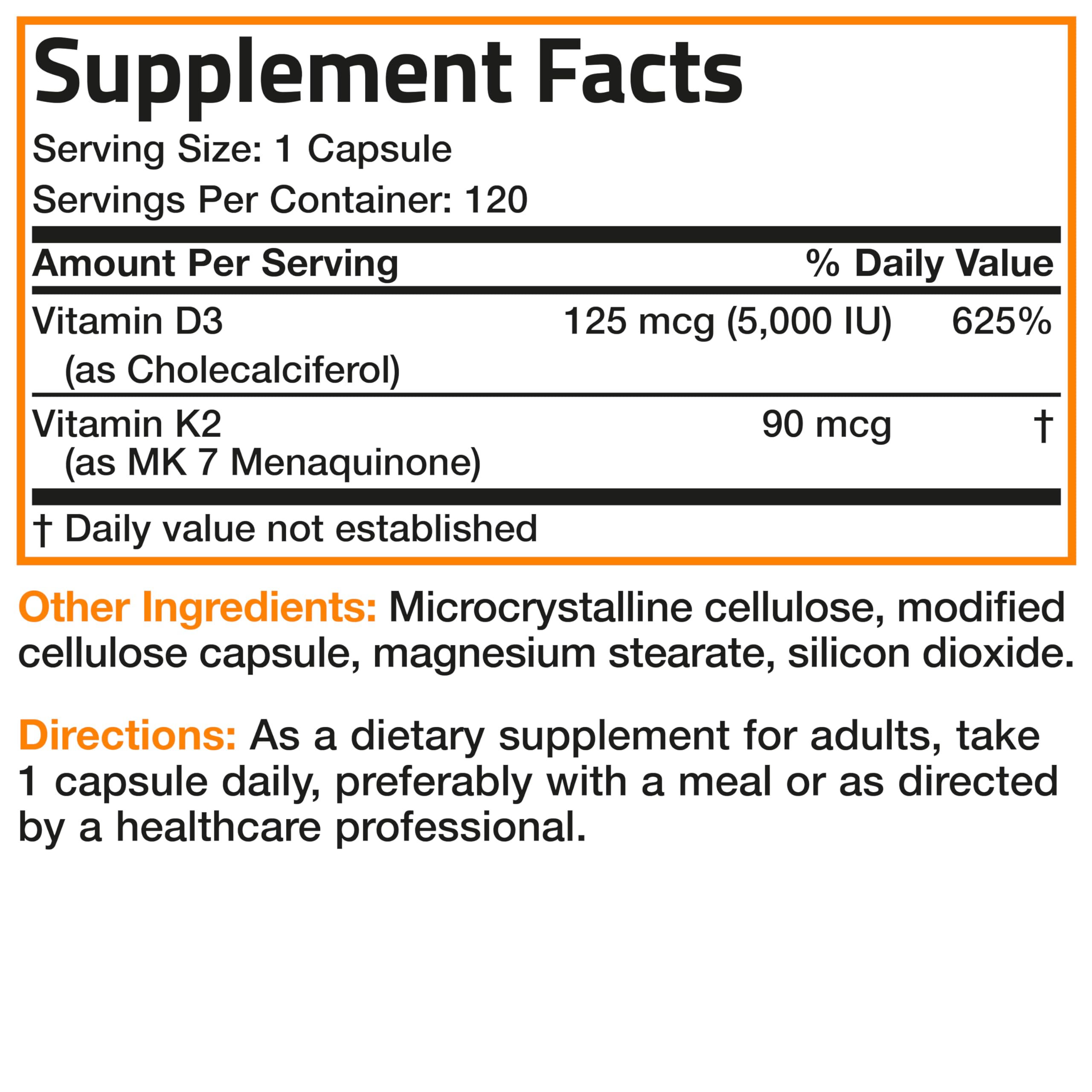 Bronson Vitamin K2 D3 (MK7) Supplement 2-in1 D3 & K2 Complex, 60 Capsules | Bone, Immune & Heart Health Support, Gluten Free, Soy Free, Non-GMO, Vitamin D3 5000IU (125 mcg) & 90 mcg K2 MK-7