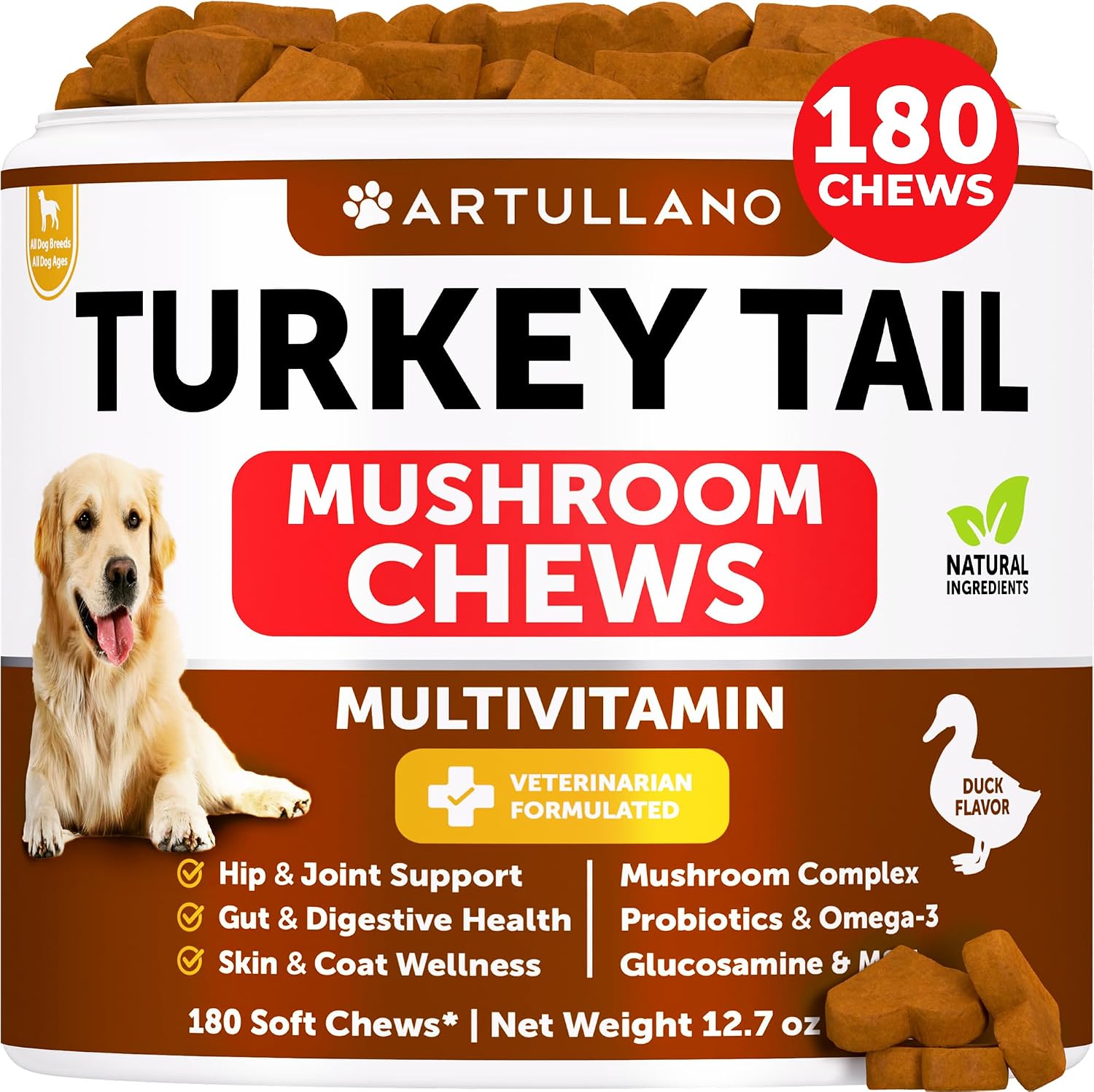 Turkey Tail for Dogs, Mushroom Supplement for Canine - 180 Soft Chews - All Dog Breeds and Ages - Multivitamins