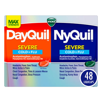 Vicks Dayquil & Nyquil Severe Co-Pack, Cold & Flu Medicine, Powerful Relief For Headache, Fever, Sore Throat, Minor Aches & Pains, Congestion, Sinus Pressure, Stuffy Nose, And Cough, 48 Liquicaps Vicks buy supplements Au