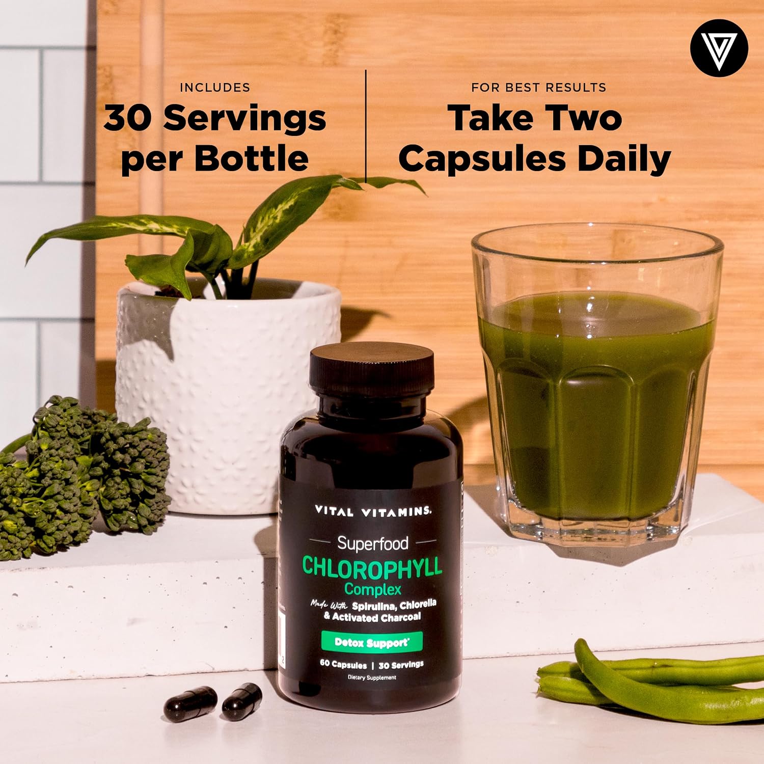 Vital Vitamins Chlorophyll Pills with Spirulina, Chlorella & Charcoal | Detoxifies & Freshens from Within, Natural Body Deodorizer, Superfood Complex for Women & Men, 60 Capsules
