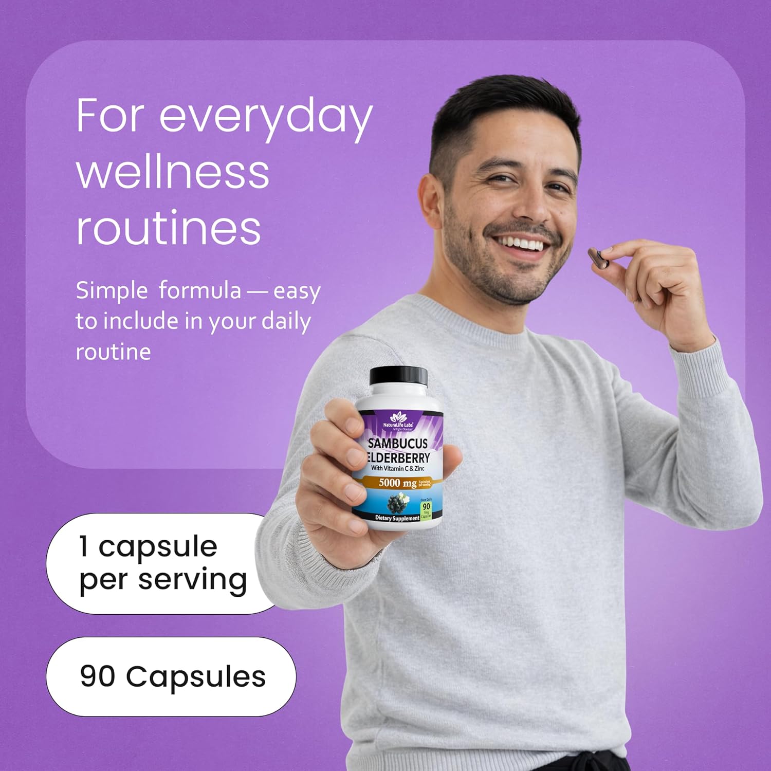 NaturaLife Labs Sambucus Elderberry Capsules – with Vitamin C & Zinc – Immune Support Supplement – 90 Vegan Capsules – Non-GMO & Gluten-Free