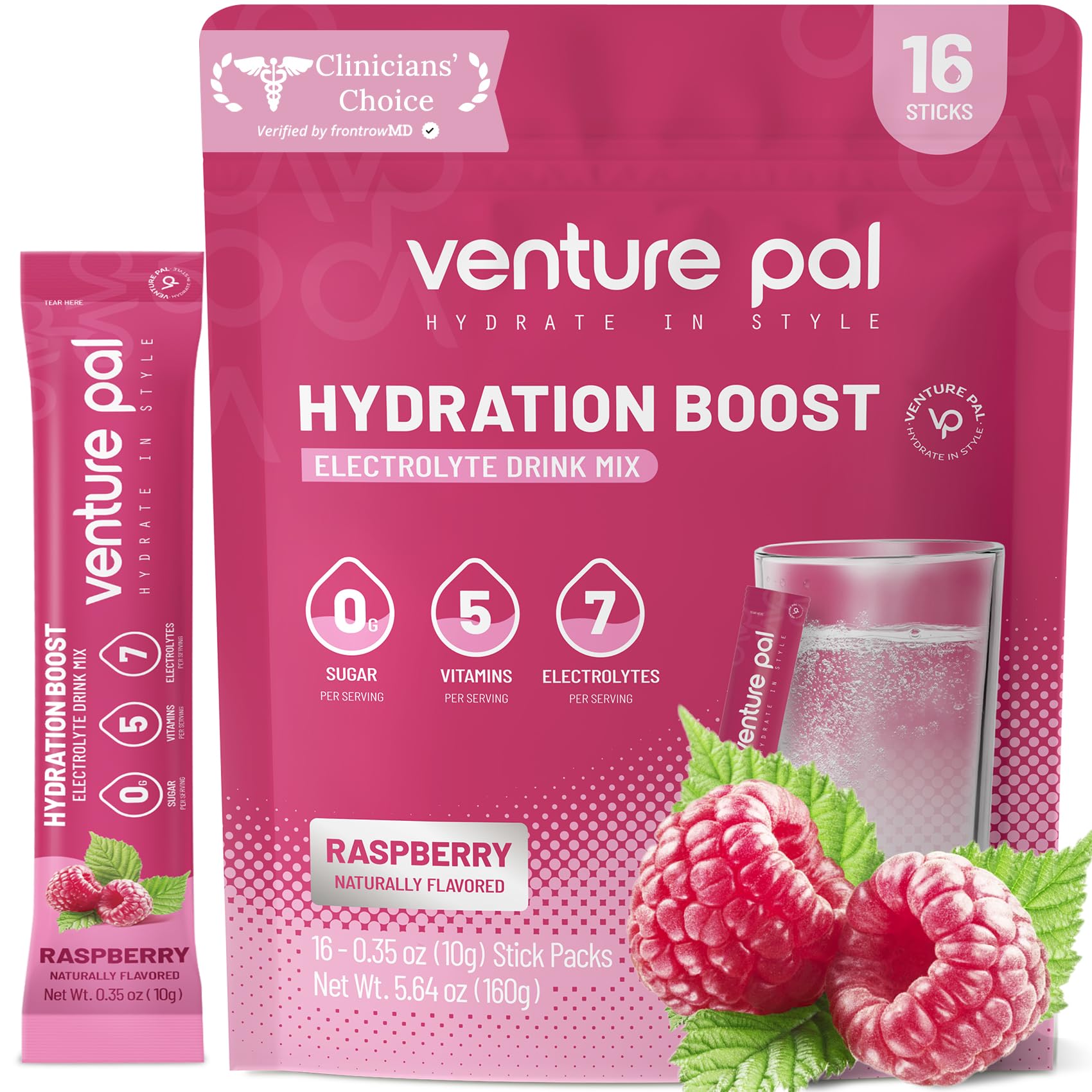 Venture Pal Sugar Free Electrolyte Powder, Liquid Daily IV Hydration Packet | 7 Electrolytes & 5 Vitamins, Electrolytes Dink Mix for Party Recovery & Instantly Hydration, Vegan, Keto-Friendly, 16 Sticks