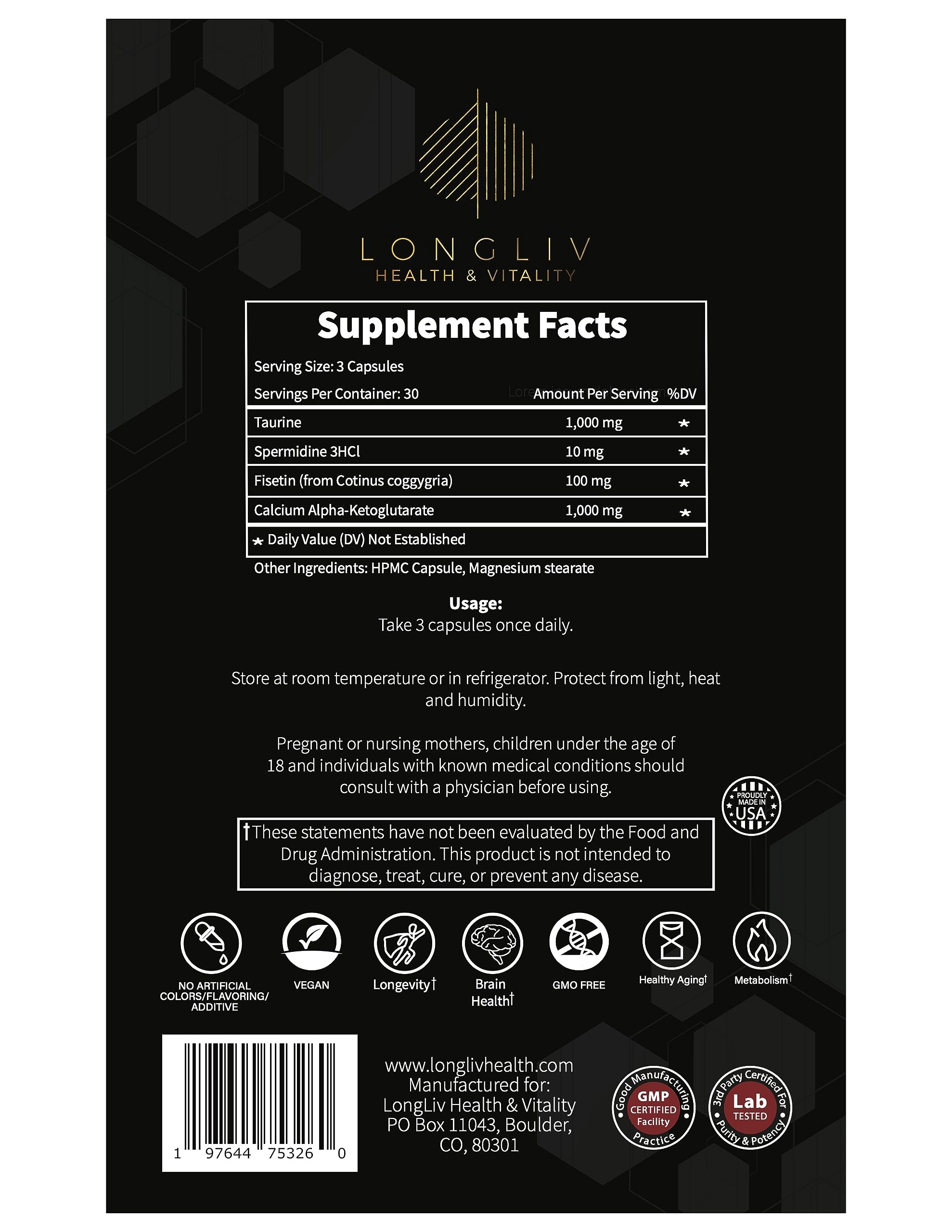 Longevity4Life - Ultimate Cellular Health Supplement - Fisetin, Taurine, Calcium Alpha-Ketoglutarate, and Spermidine Capsules for Longevity and Vitality - Made in USA - Physician Formulated LongLiv Health and VitalityBuy Supplements Australia