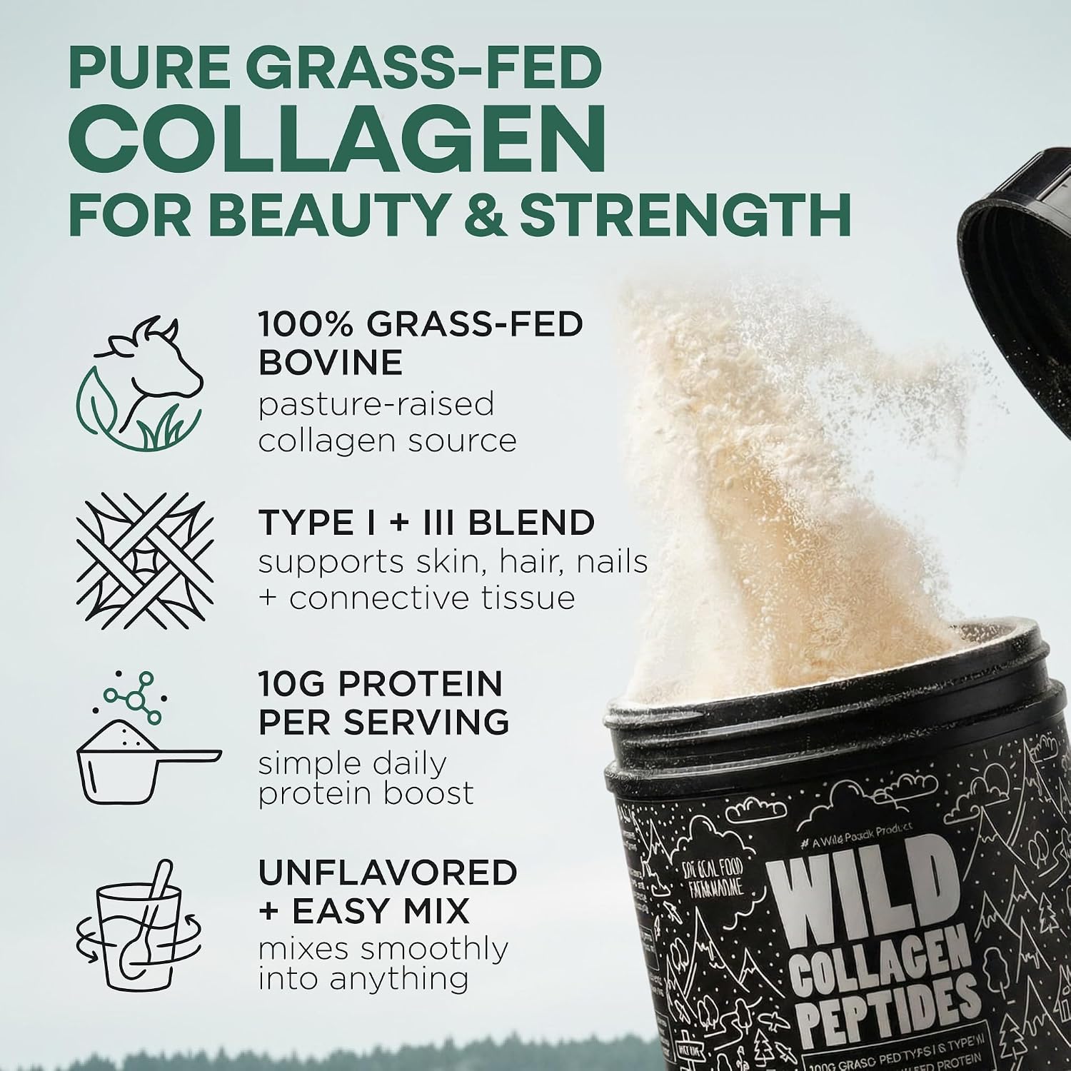 Wild Foods Collagen Peptides Powder – 16 oz Grass-Fed Hydrolyzed for Skin, Hair, Nails Support – Unflavored & Easy to Mix – Non-GMO, Made in USA Collagen Powder for Women and Men
