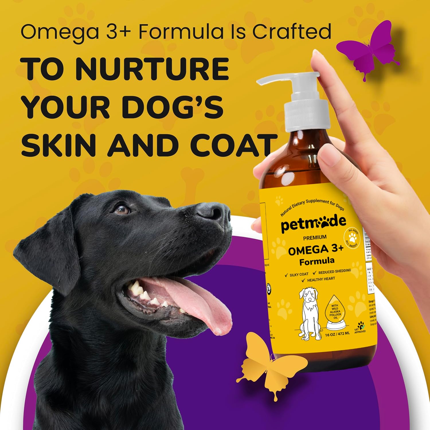 Omega 3 Fish Oil for Dogs - Wild Alaskan Pollock Oil Itchy Skin and Coat | Omega 3 Fatty Acids - Vet Approved Liquid EPA & DHA Supplements - with Zinc, Vitamin C, B2, B7 & E - 16 Fl Oz