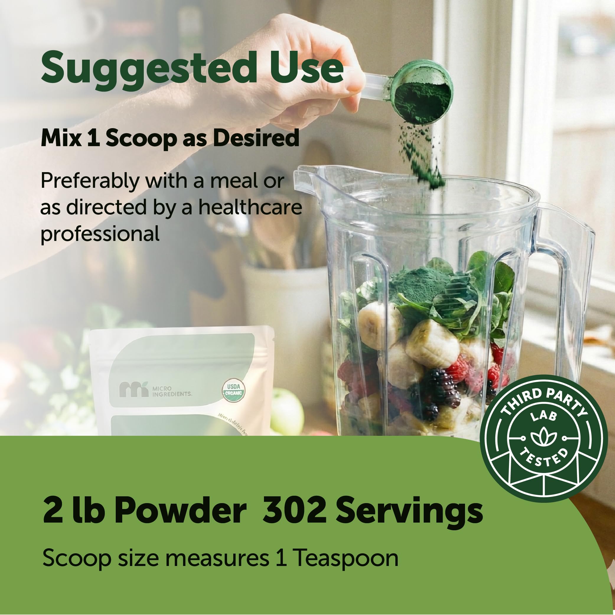 Organic Spirulina Powder, 1lb | Blue-Green Algae, Naturally Occurring Vegan Protein, Vitamins & Minerals | Source of Natural Chlorophyll & Enzymes | Non-GMO, Gluten-Free, No Additives