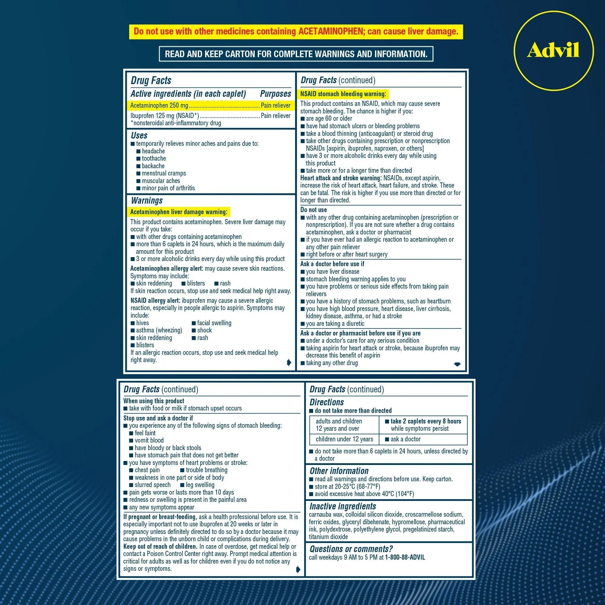 Advil Dual Action Coated Caplets, 125 Mg Ibuprofen and 250 Mg Acetaminophen per Dose (2 Dose Equivalent) for 8 Hour Pain Relief - 216 Count AdvilBuy Supplements Australia